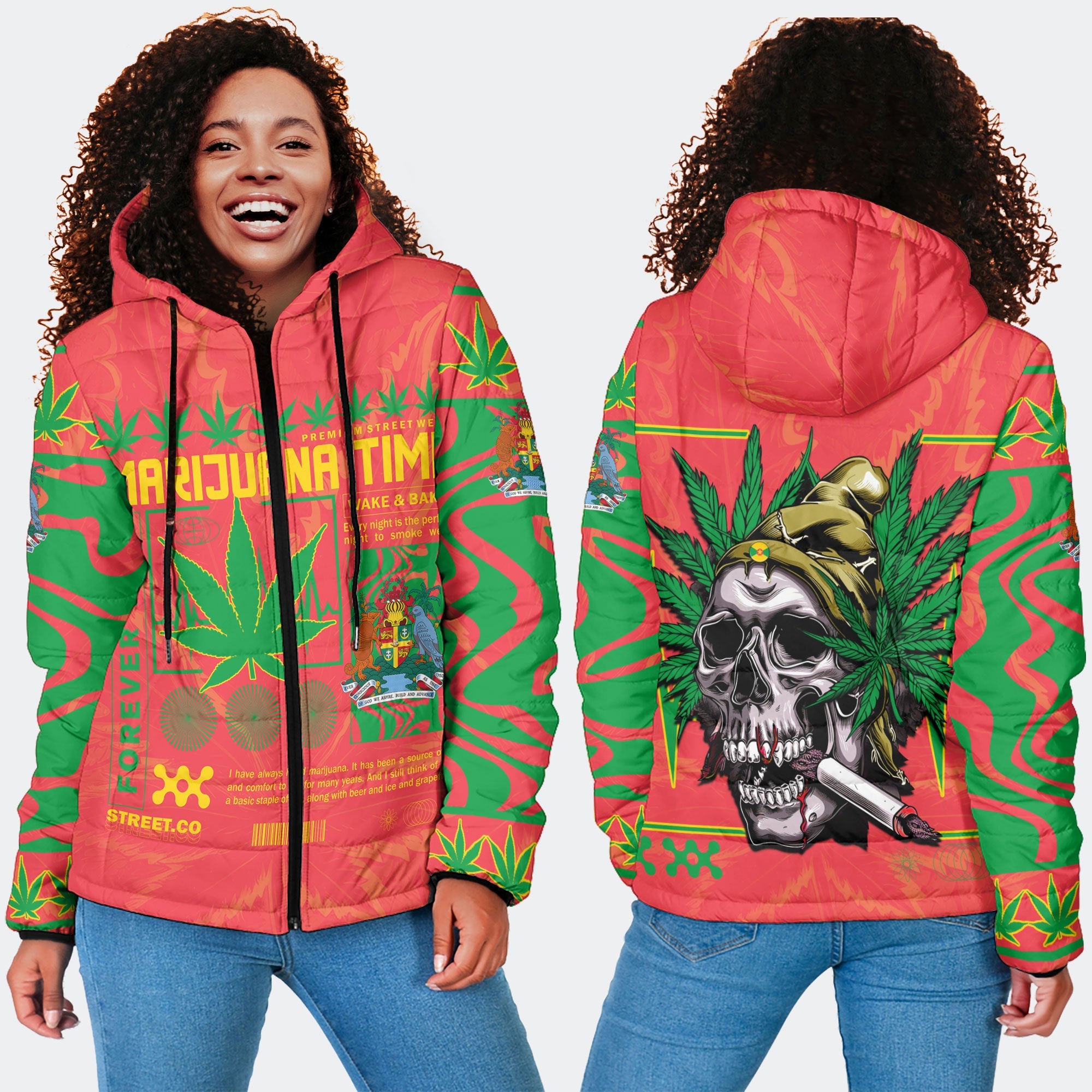 Grenada Women Hooded Padded Jacket Flag & Coat Of Arms Marijuanas Style