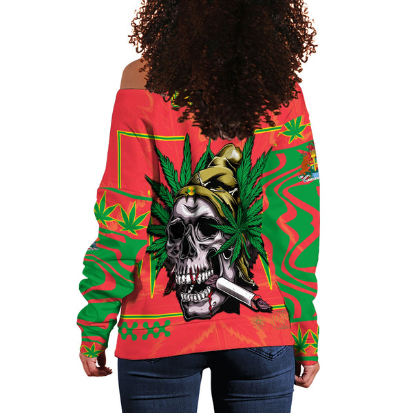 Grenada Women Off Shoulder Sweatshirt Flag & Coat Of Arms Marijuanas Style