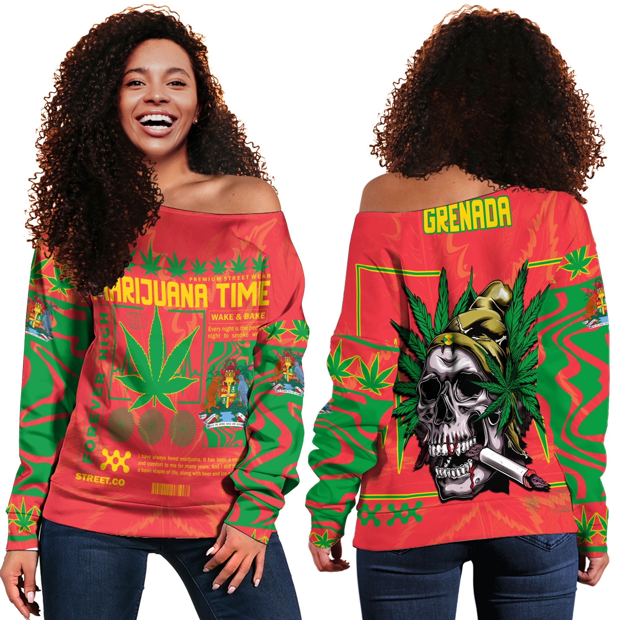 Grenada Women Off Shoulder Sweatshirt Flag & Coat Of Arms Marijuanas Style