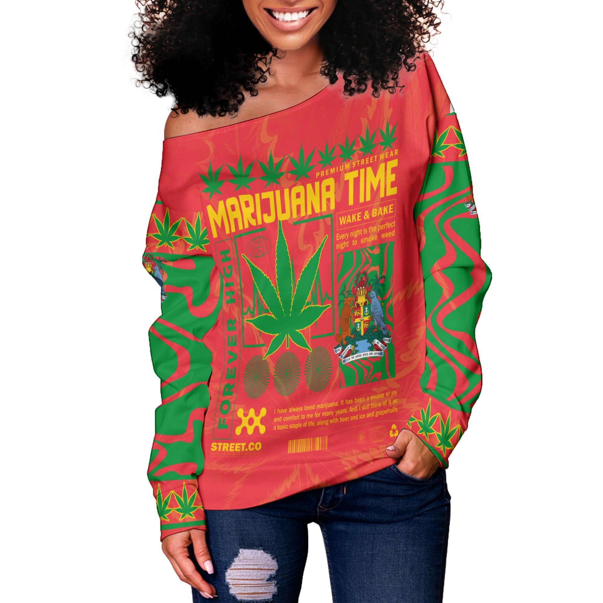 Grenada Women Off Shoulder Sweatshirt Flag & Coat Of Arms Marijuanas Style