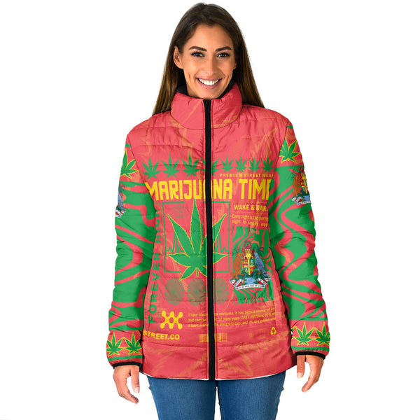 Grenada Women Padded Jacket Flag & Coat Of Arms Marijuanas Style