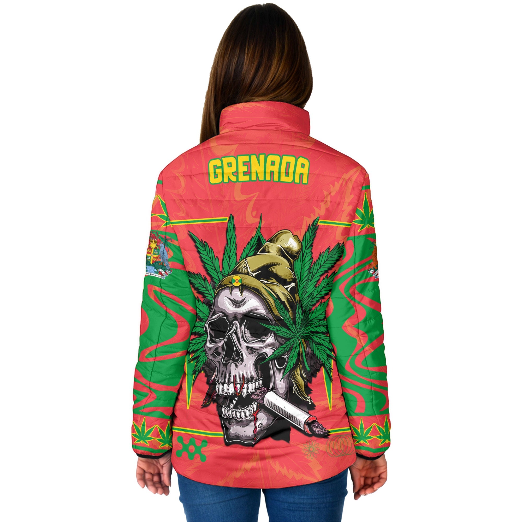 Grenada Women Padded Jacket Flag & Coat Of Arms Marijuanas Style