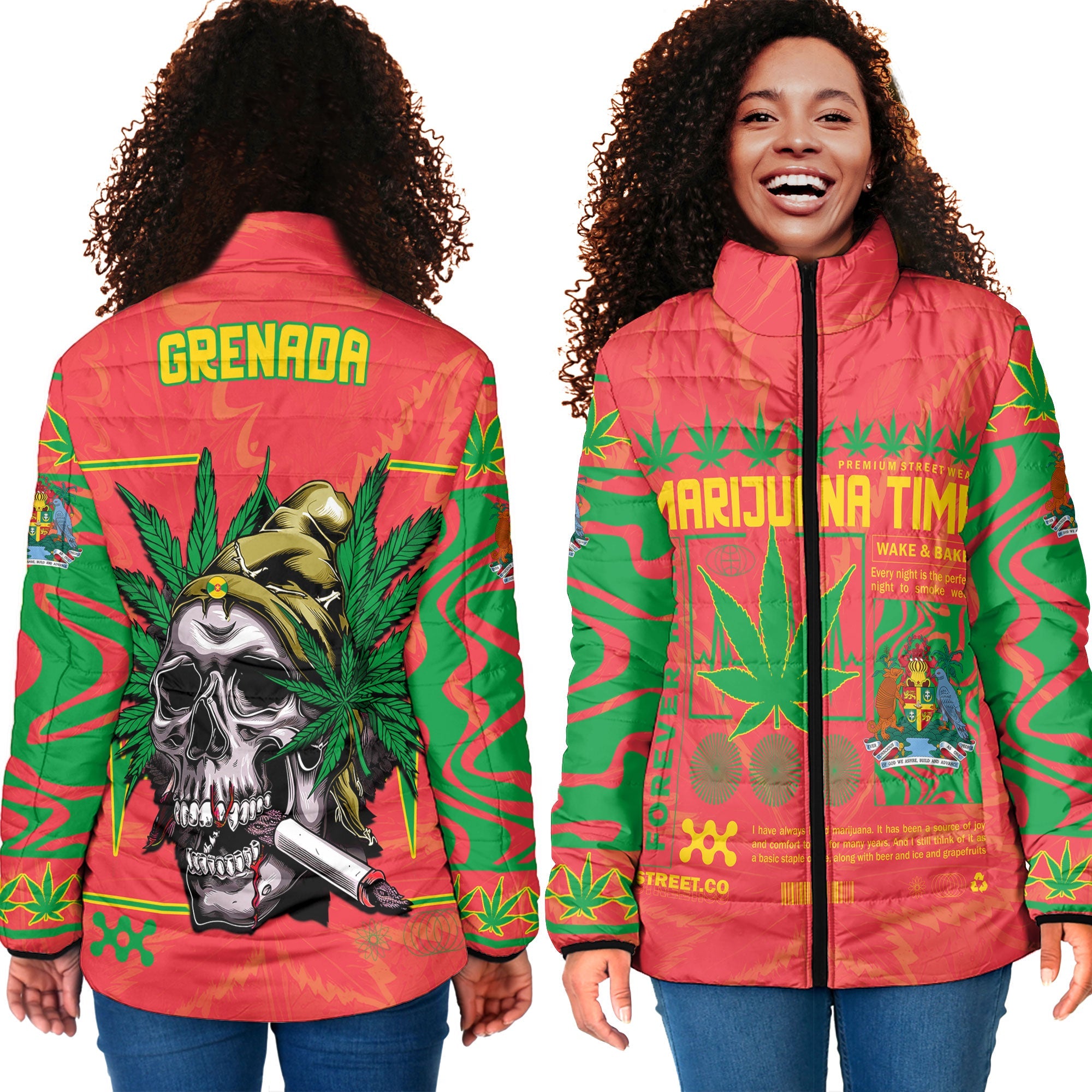 Grenada Women Padded Jacket Flag & Coat Of Arms Marijuanas Style