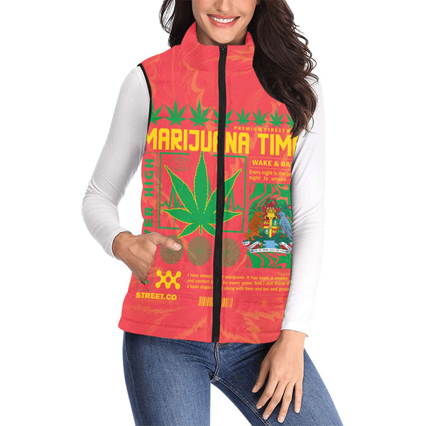 Grenada Women Padded Jacket Vest Flag & Coat Of Arms Marijuanas Style