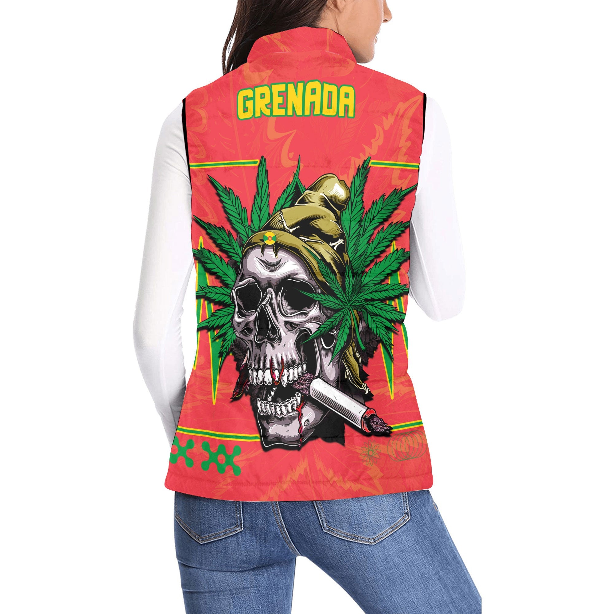 Grenada Women Padded Jacket Vest Flag & Coat Of Arms Marijuanas Style