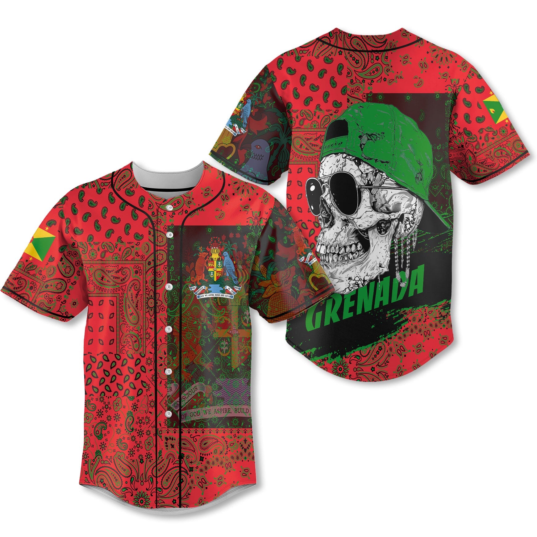 Grenada Baseball Jersey Paisley Flag And Skull Style 1