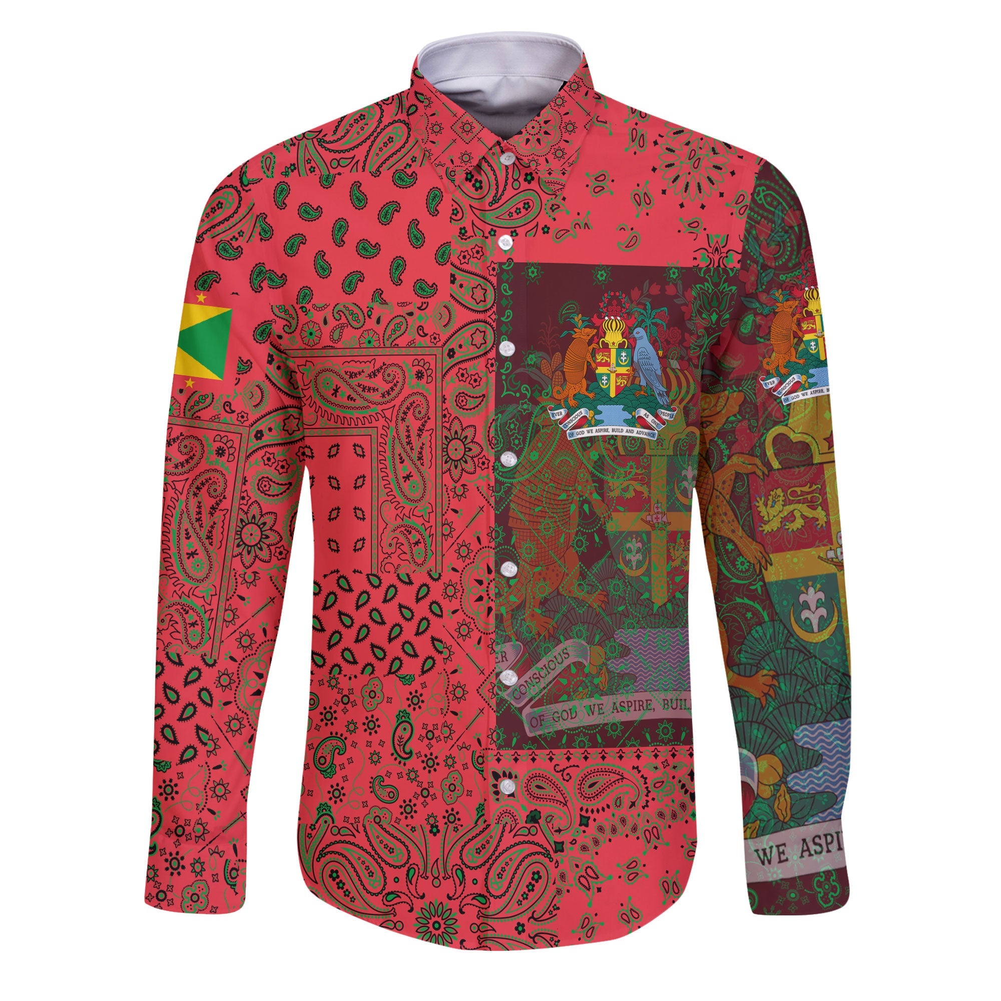 Grenada Long Sleeve Button Shirt Paisley Flag And Skull Style 1