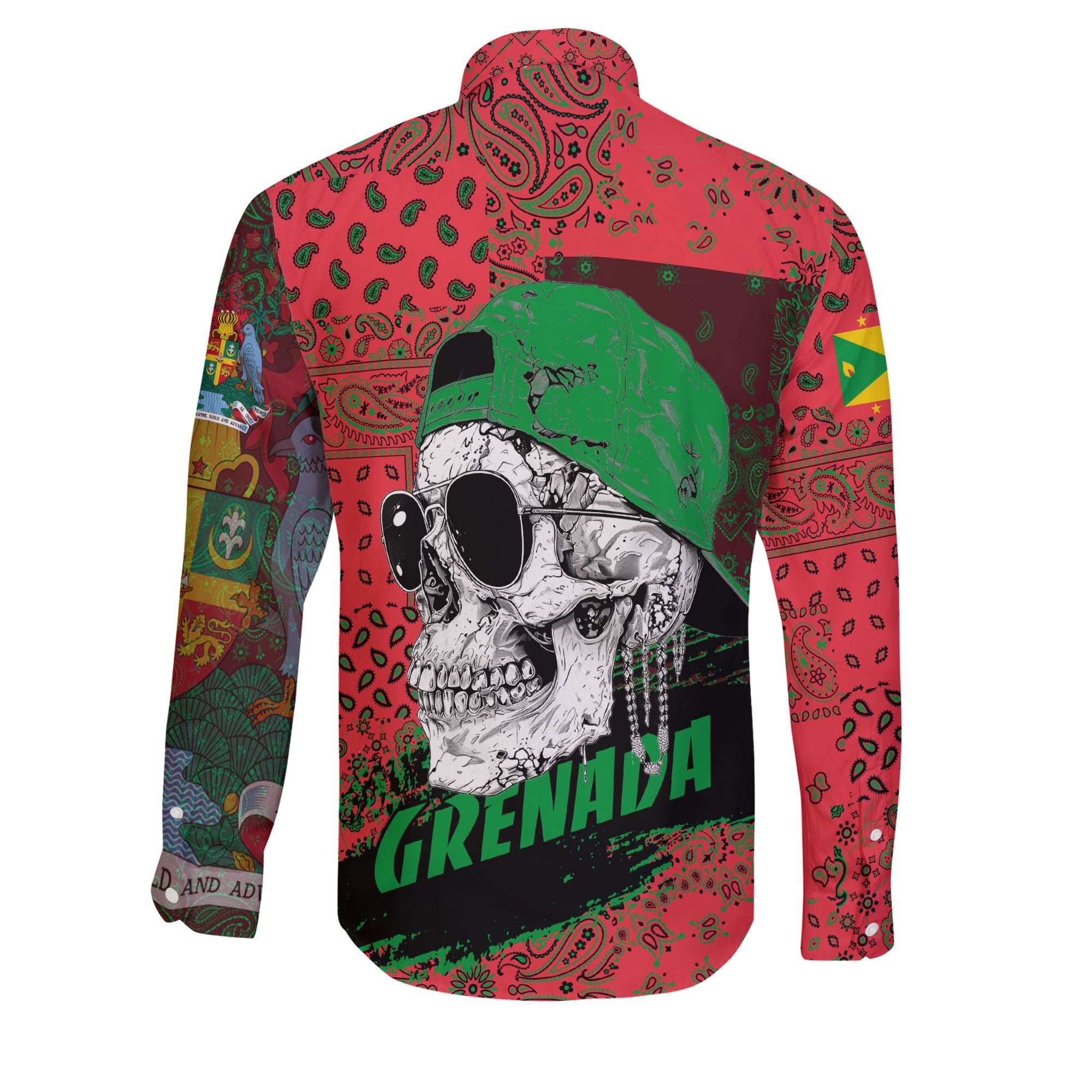 Grenada Long Sleeve Button Shirt Paisley Flag And Skull Style 2