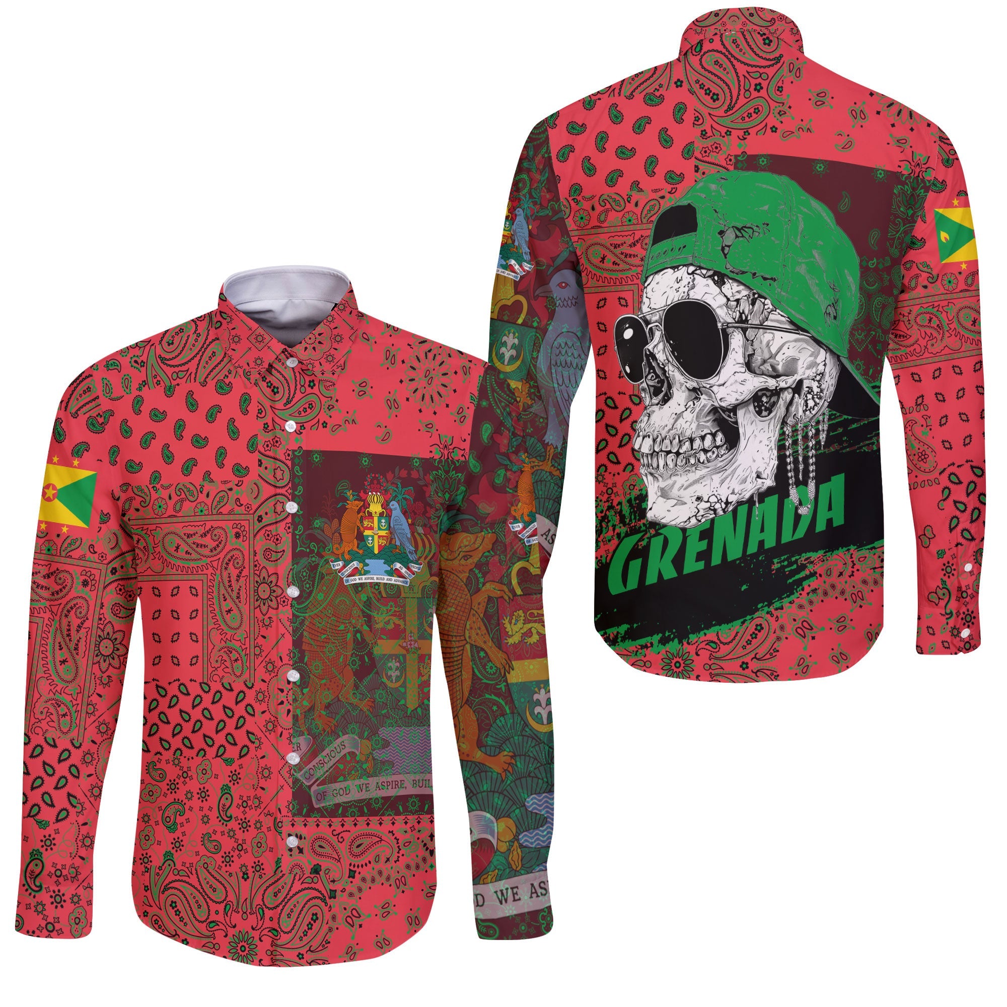 Grenada Long Sleeve Button Shirt Paisley Flag And Skull Style 3