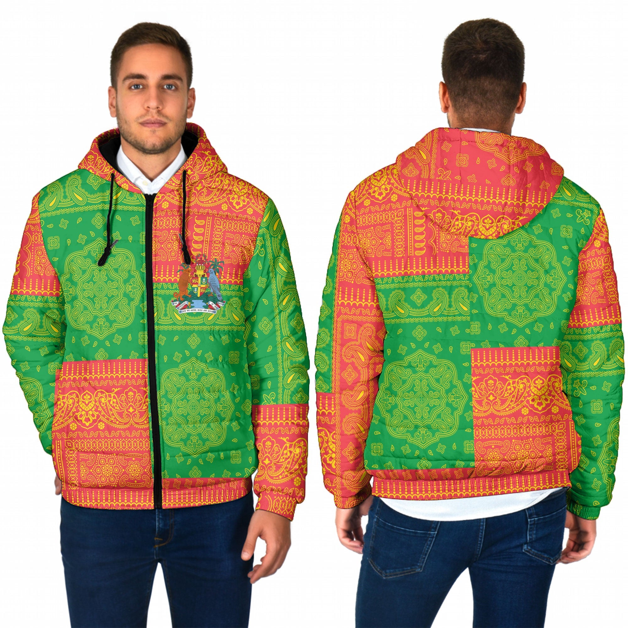 Grenada Men Hooded Padded Jacket Flag And Paisley Basic Style 1