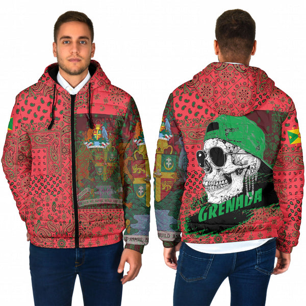 Grenada Men Hooded Padded Jacket Paisley Flag And Skull Style 1