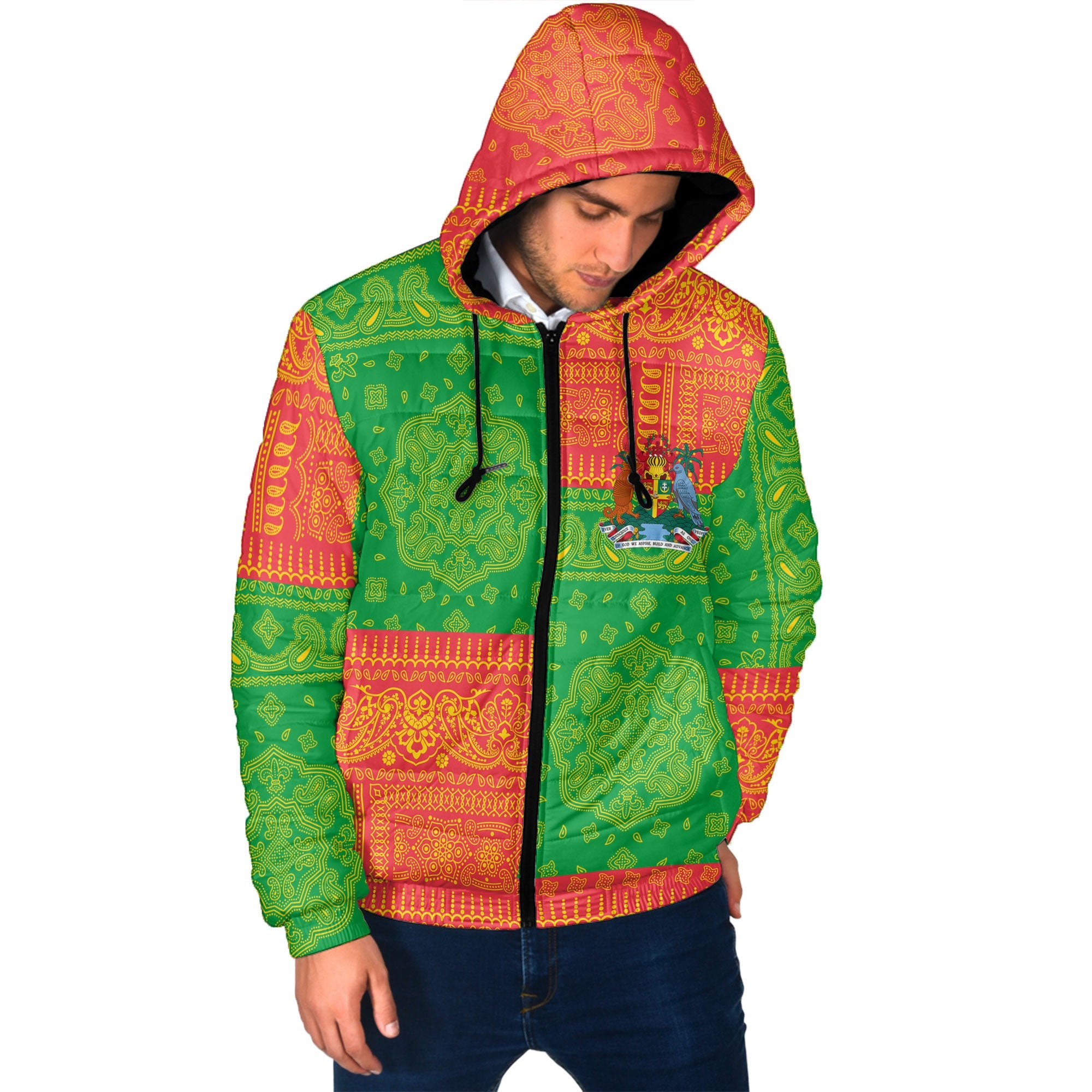 Grenada Men Hooded Padded Jacket Flag And Paisley Basic Style 2