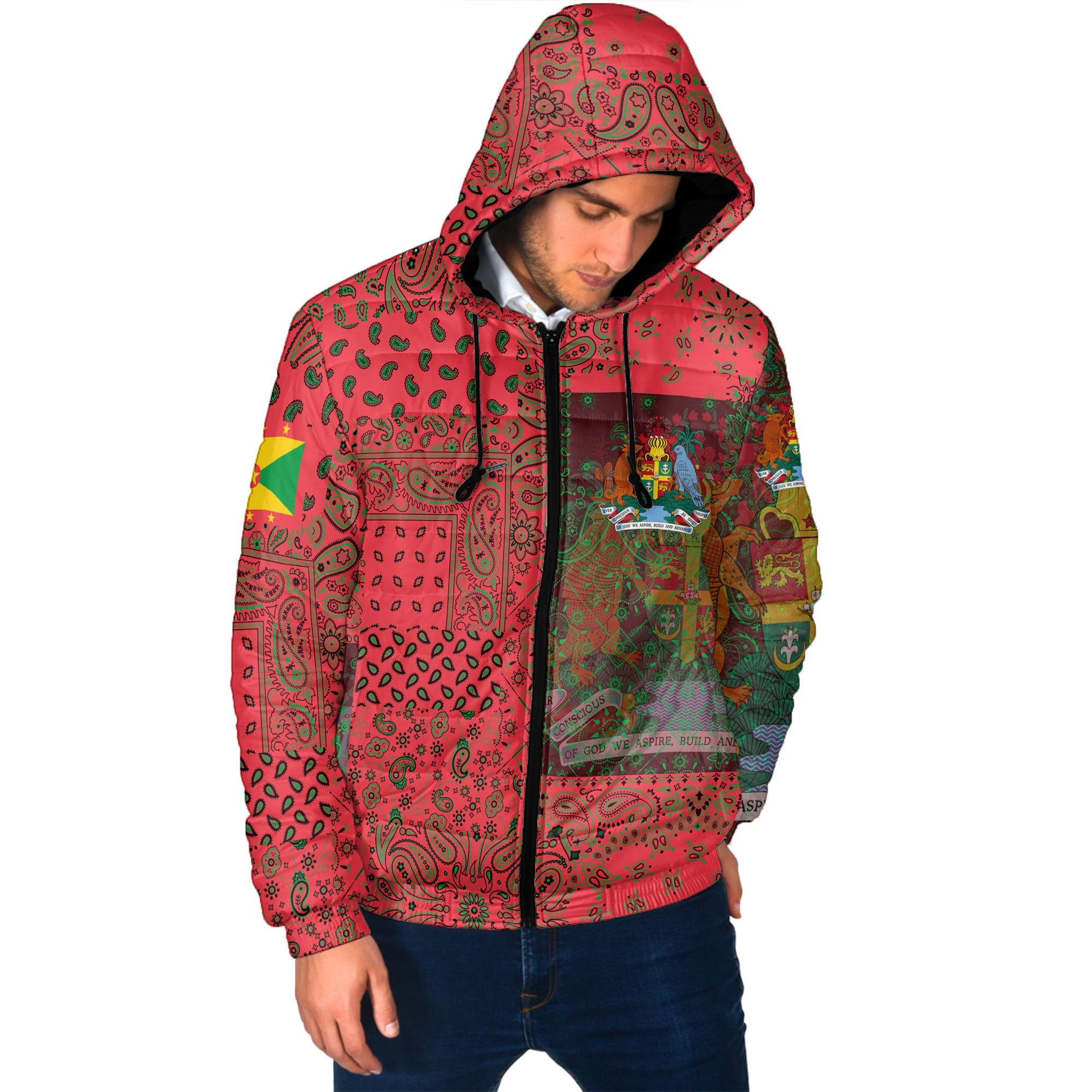 Grenada Men Hooded Padded Jacket Paisley Flag And Skull Style 2