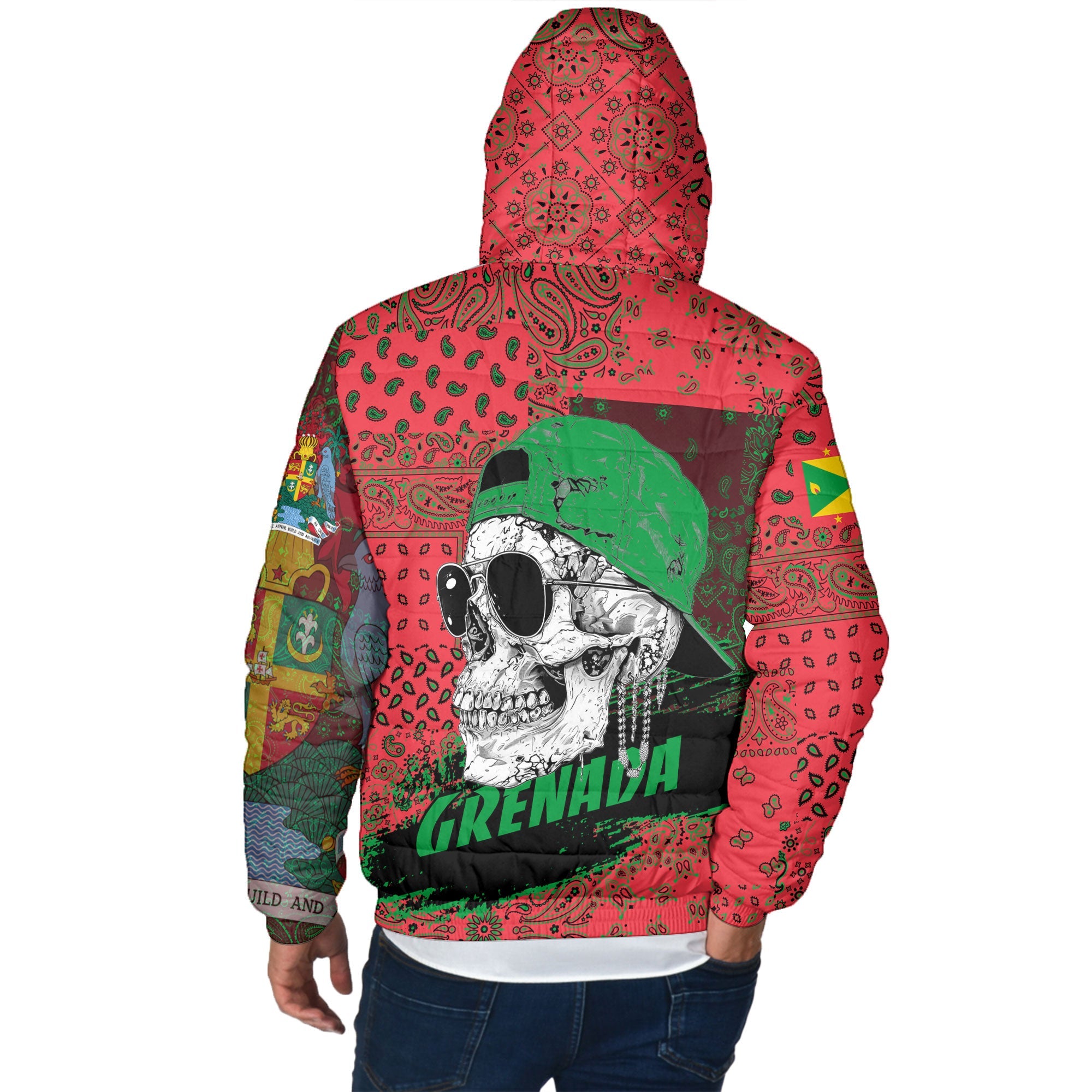 Grenada Men Hooded Padded Jacket Paisley Flag And Skull Style 3