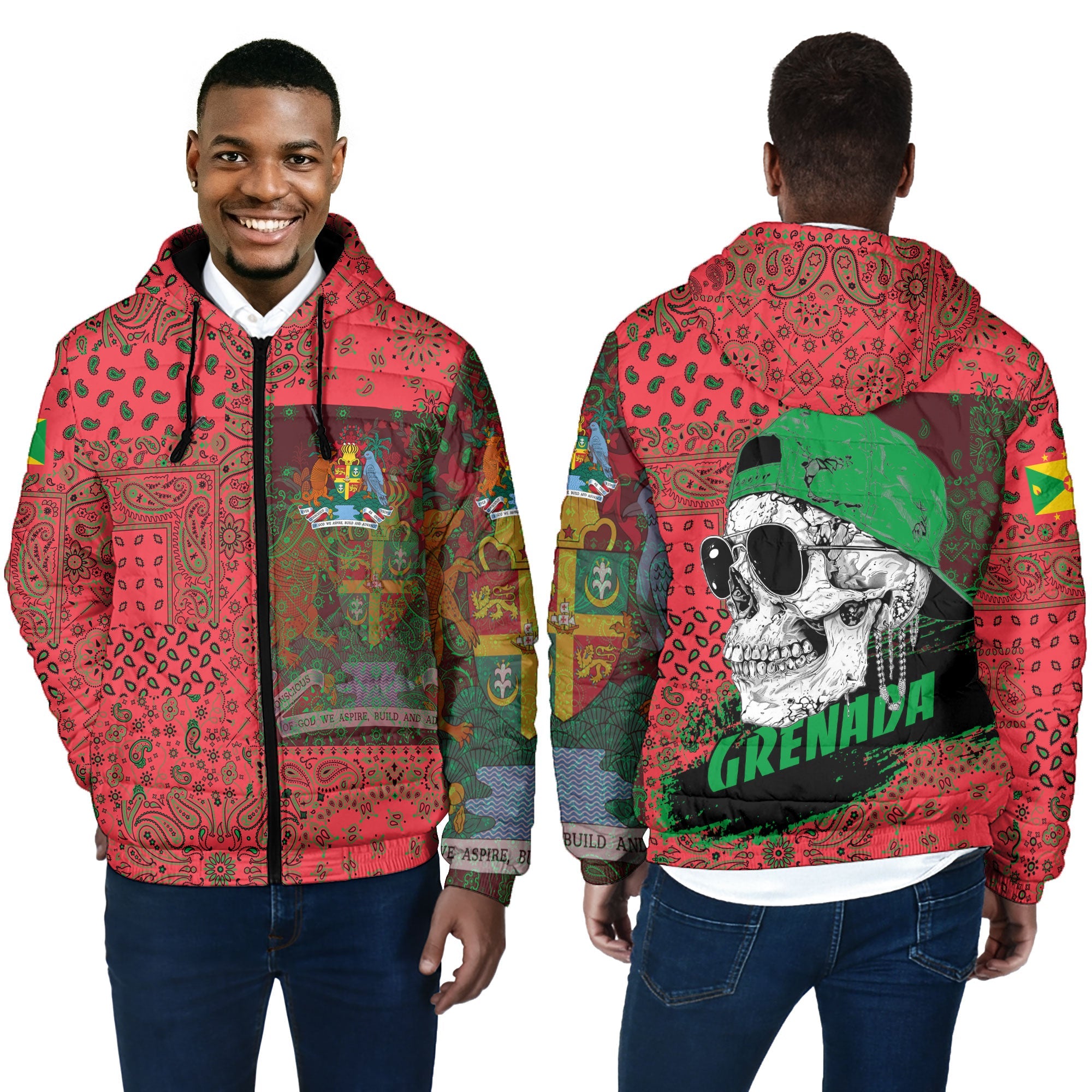 Grenada Men Hooded Padded Jacket Paisley Flag And Skull Style 4