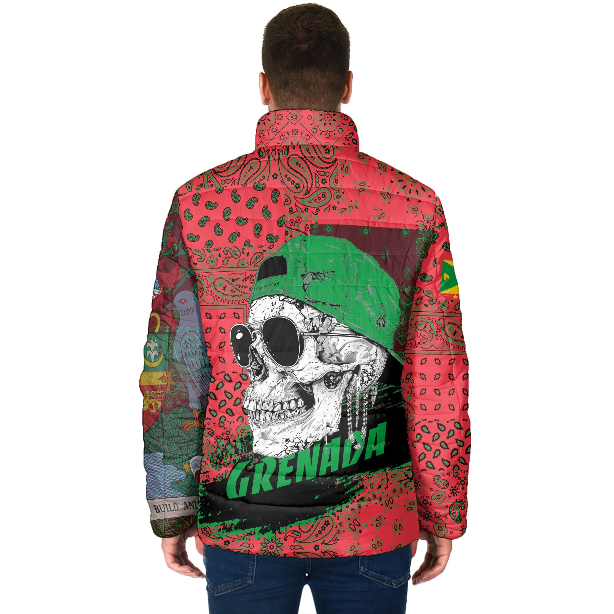 Grenada Men Padded Jacket Paisley Flag And Skull Style 2