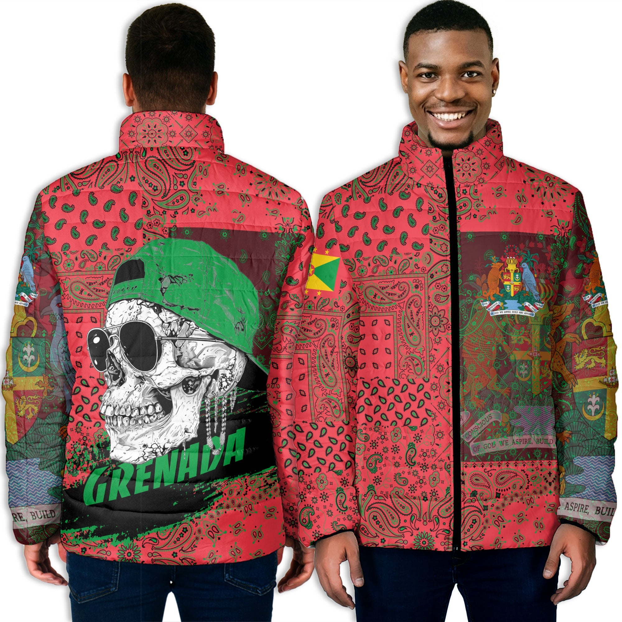 Grenada Men Padded Jacket Paisley Flag And Skull Style 3