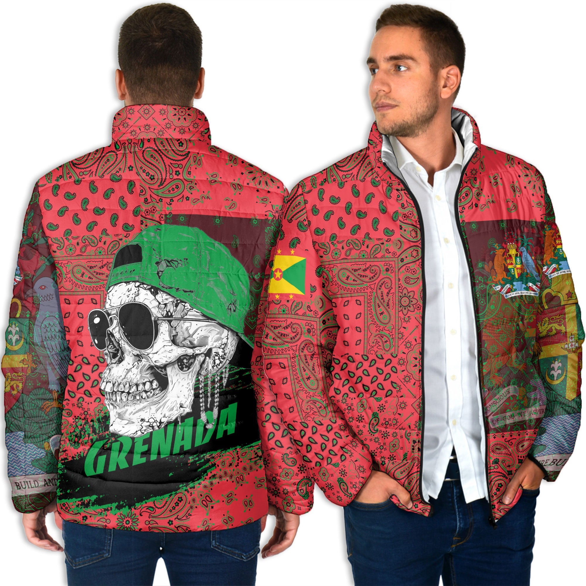 Grenada Men Padded Jacket Paisley Flag And Skull Style 4