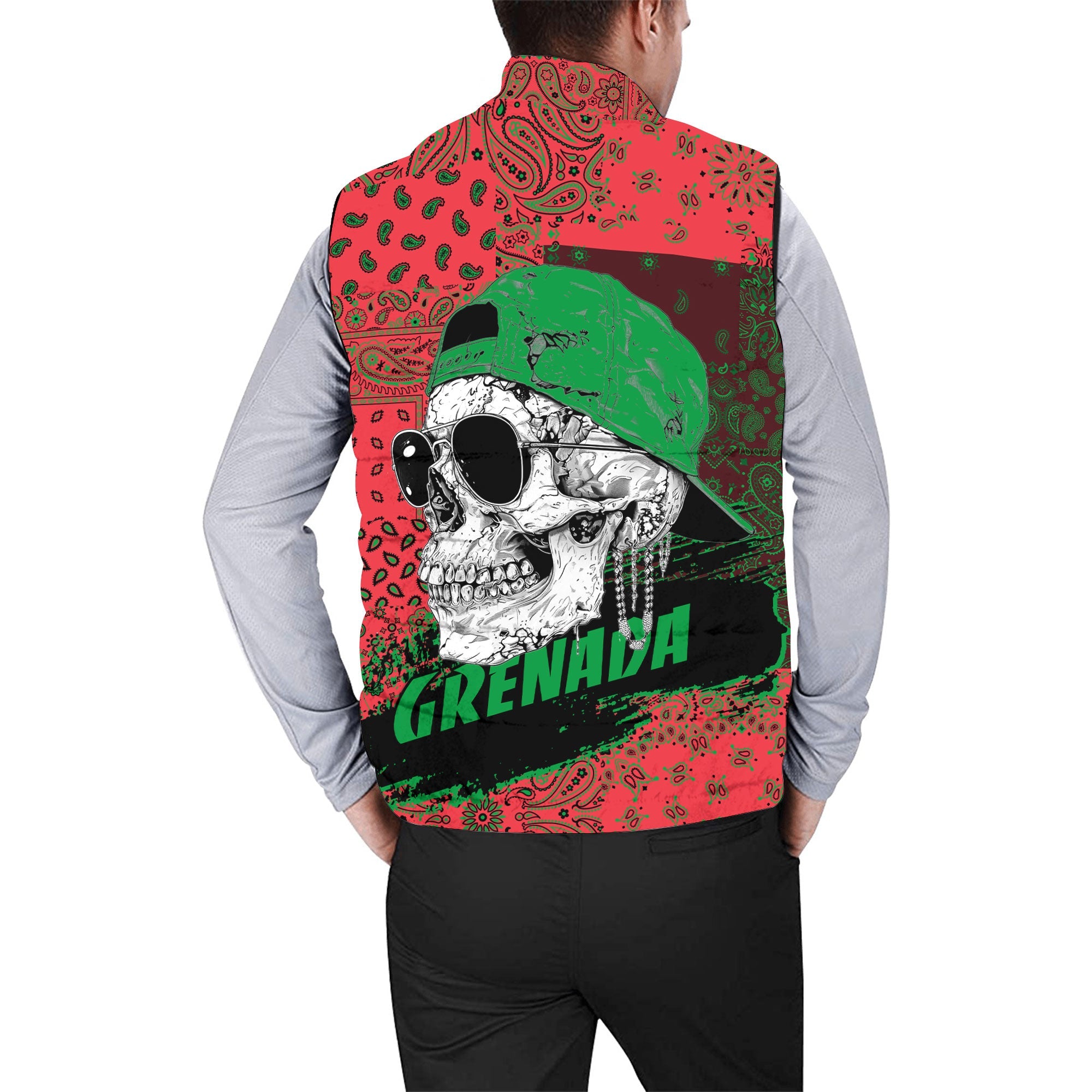 Grenada Men Padded Jacket Vest Paisley Flag And Skull Style 2