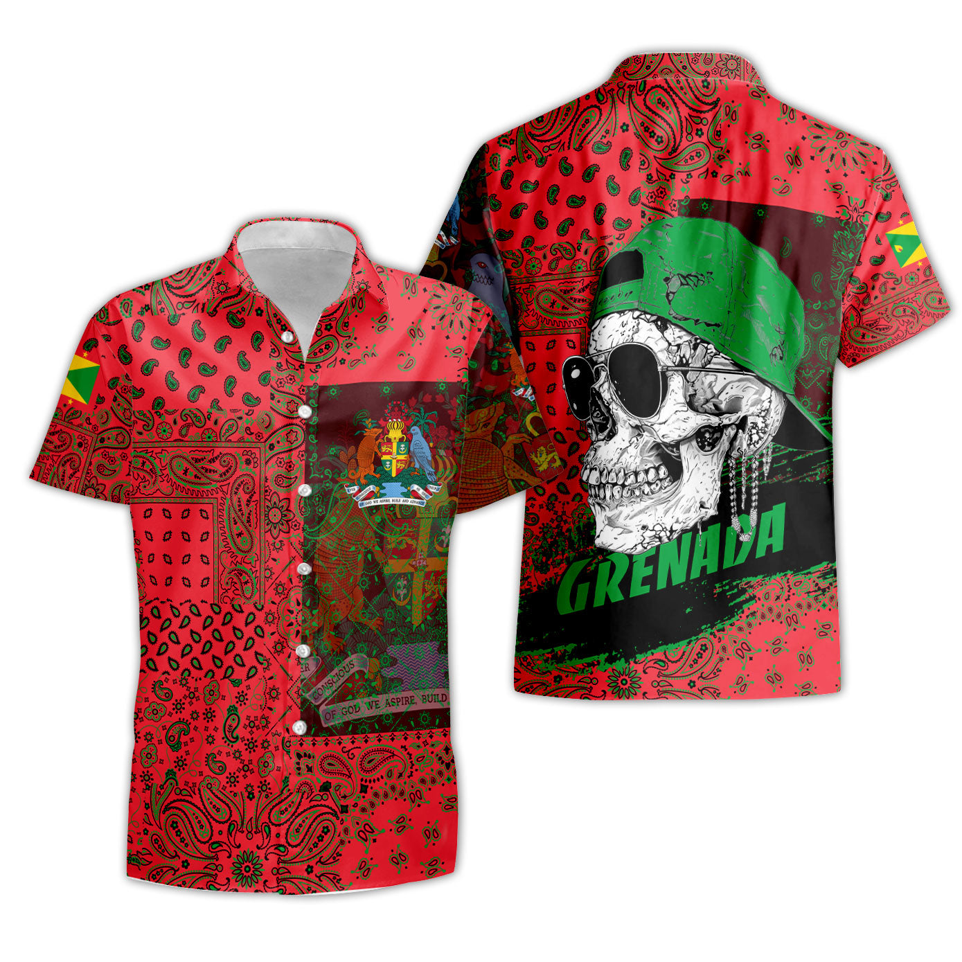 Grenada Short Sleeve Shirt Paisley Flag And Skull Style 3