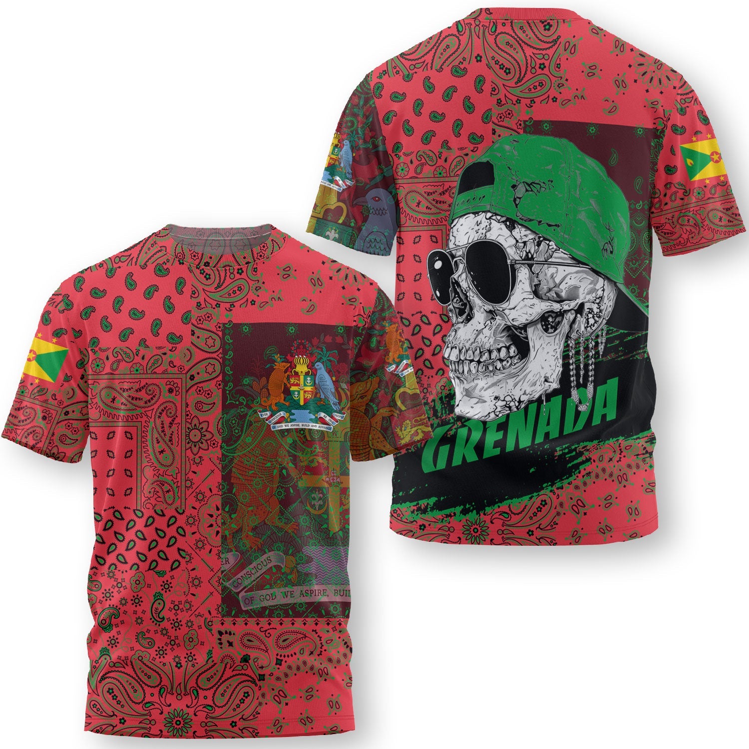 Grenada T Shirt Paisley Flag And Skull Style 3