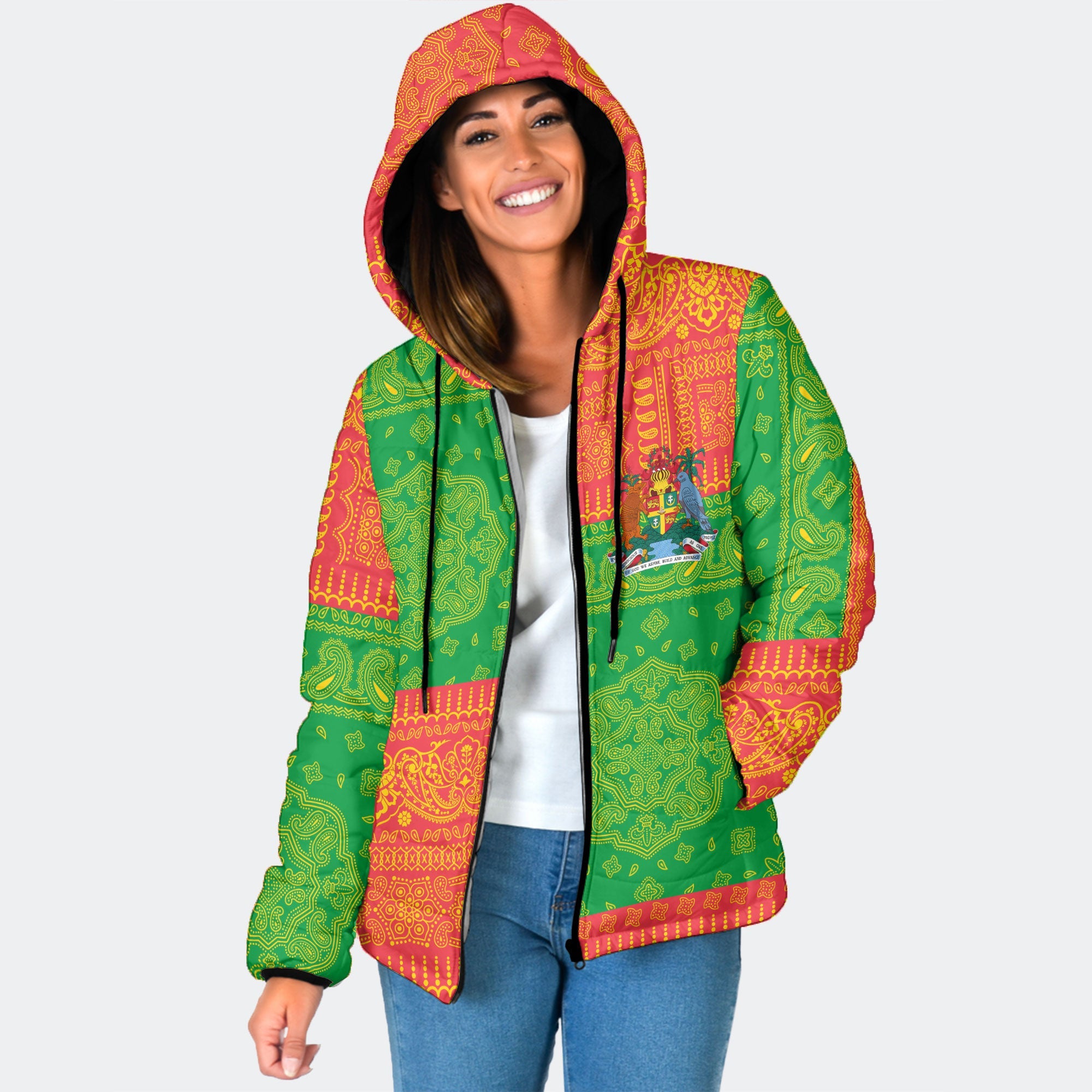 Grenada Women Hooded Padded Jacket Flag And Paisley Basic Style 1