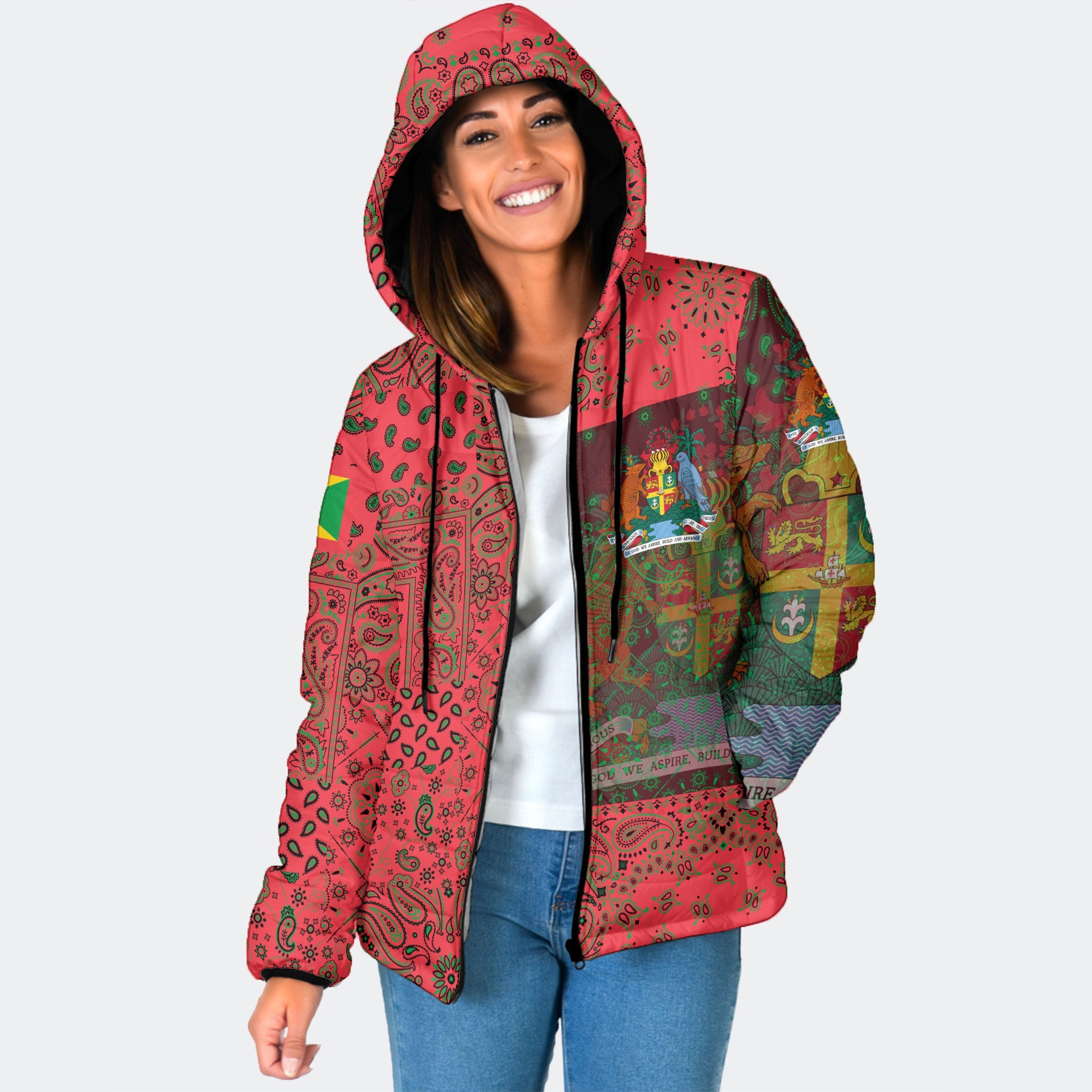 Grenada Women Hooded Padded Jacket Paisley Flag And Skull Style 1