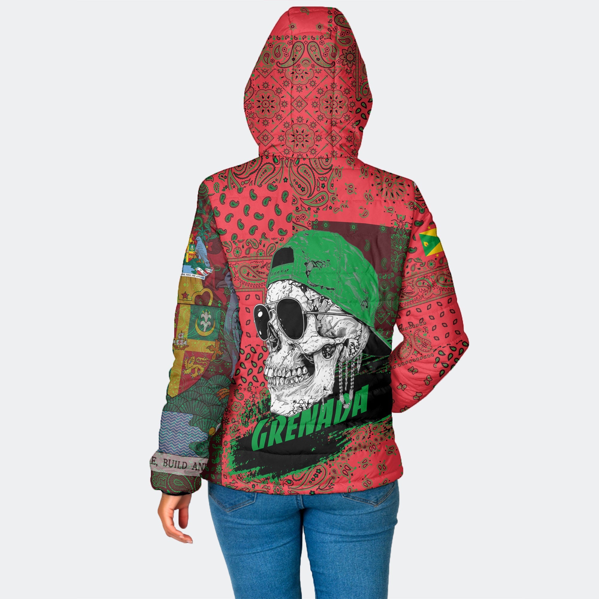 Grenada Women Hooded Padded Jacket Paisley Flag And Skull Style 2