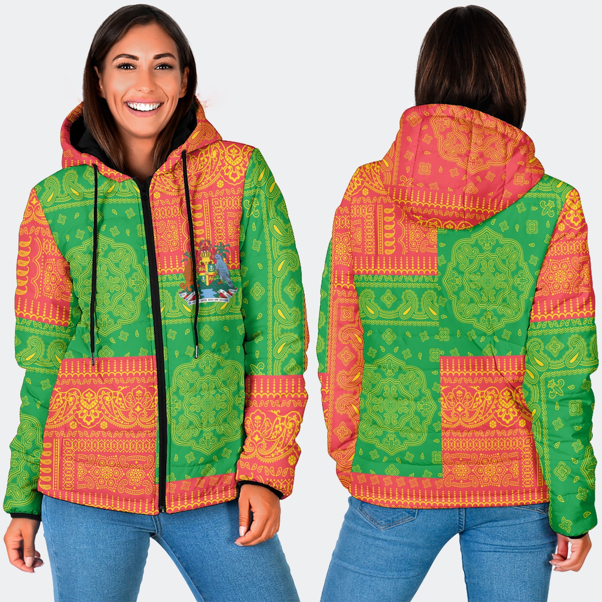 Grenada Women Hooded Padded Jacket Flag And Paisley Basic Style 3