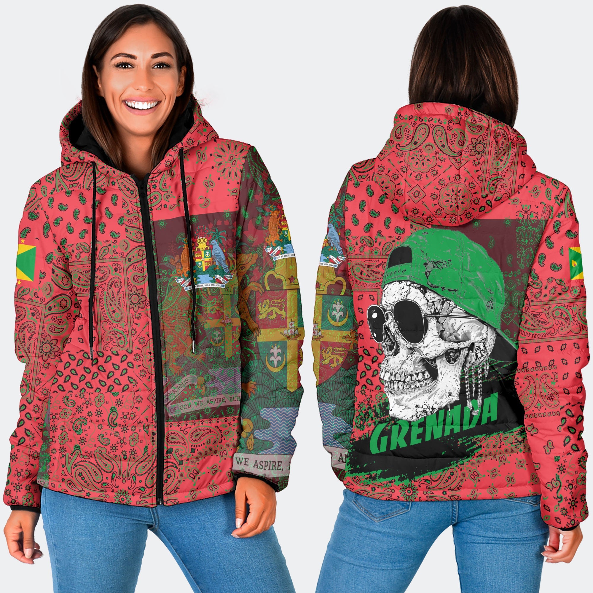 Grenada Women Hooded Padded Jacket Paisley Flag And Skull Style 3