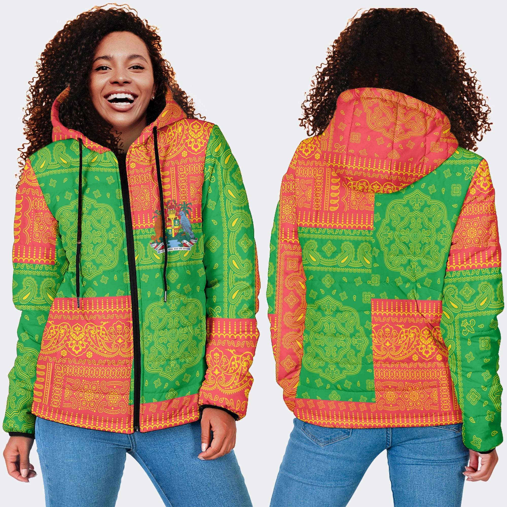 Grenada Women Hooded Padded Jacket Flag And Paisley Basic Style 4