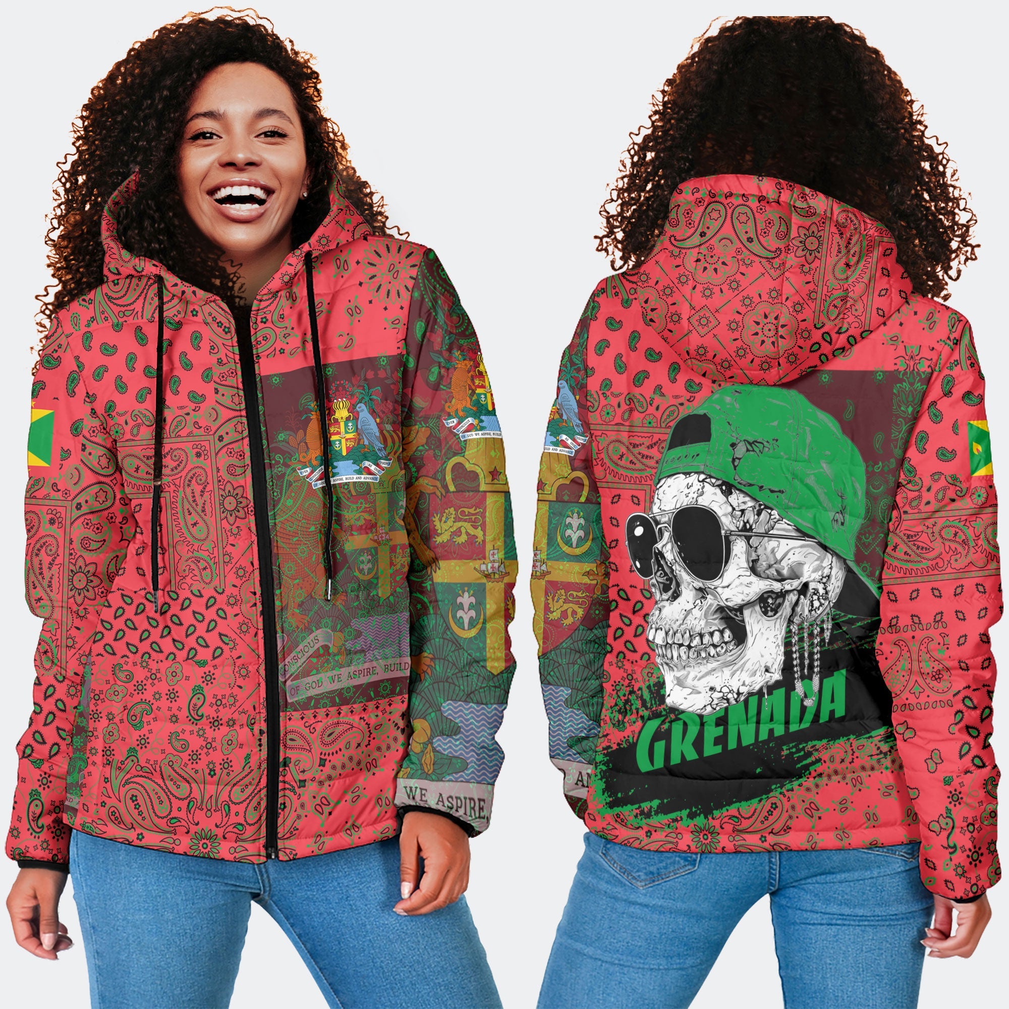 Grenada Women Hooded Padded Jacket Paisley Flag And Skull Style 4