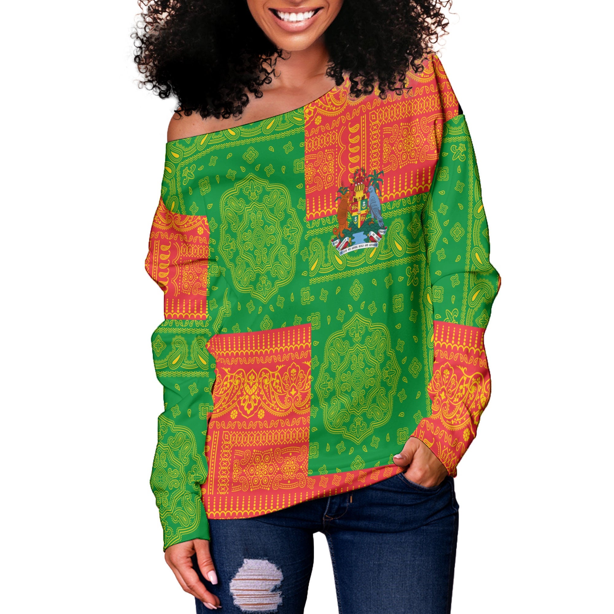 Grenada Women Off Shoulder Sweatshirt Flag And Paisley Basic Style 2