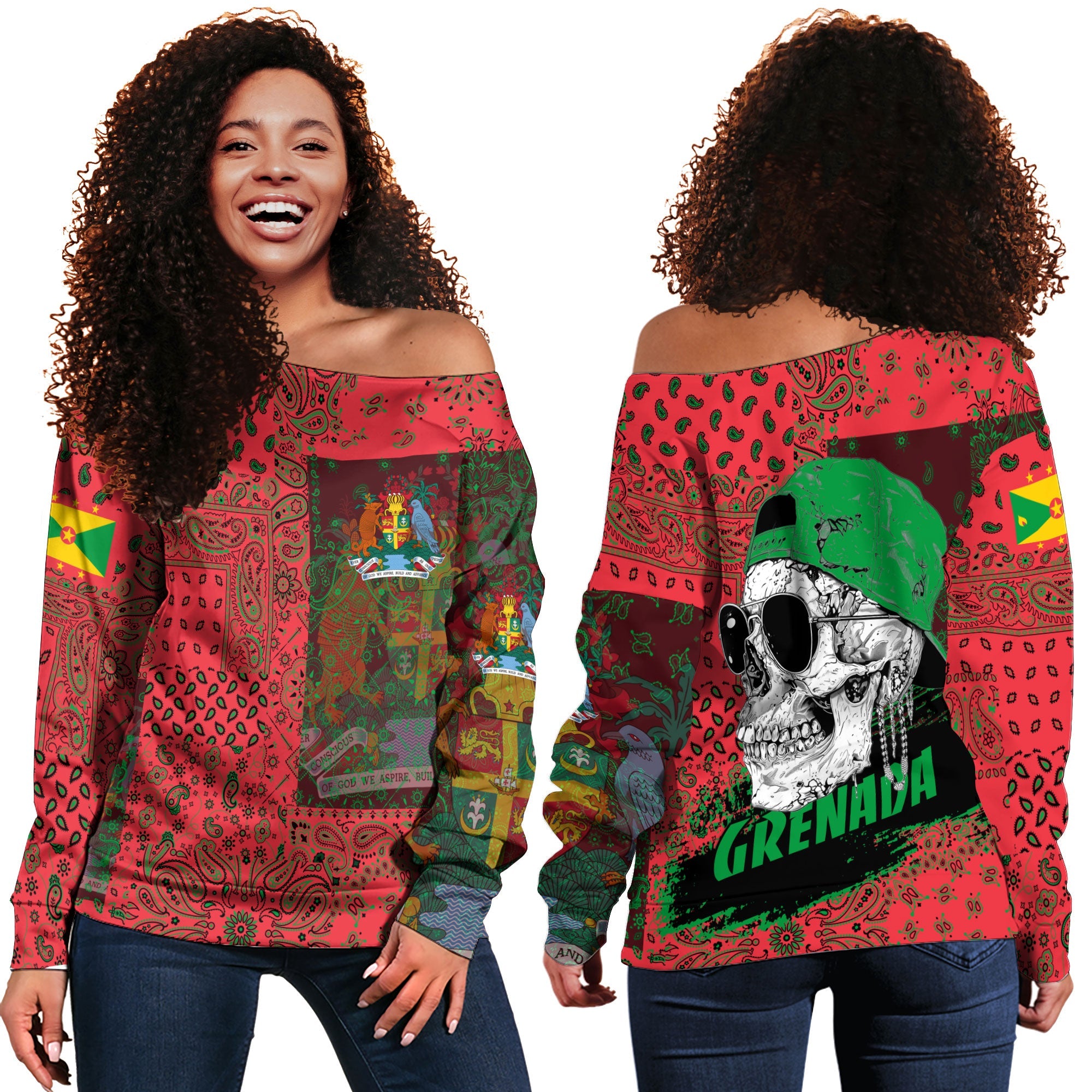 Grenada Women Off Shoulder Sweatshirt Paisley Flag And Skull Style 1