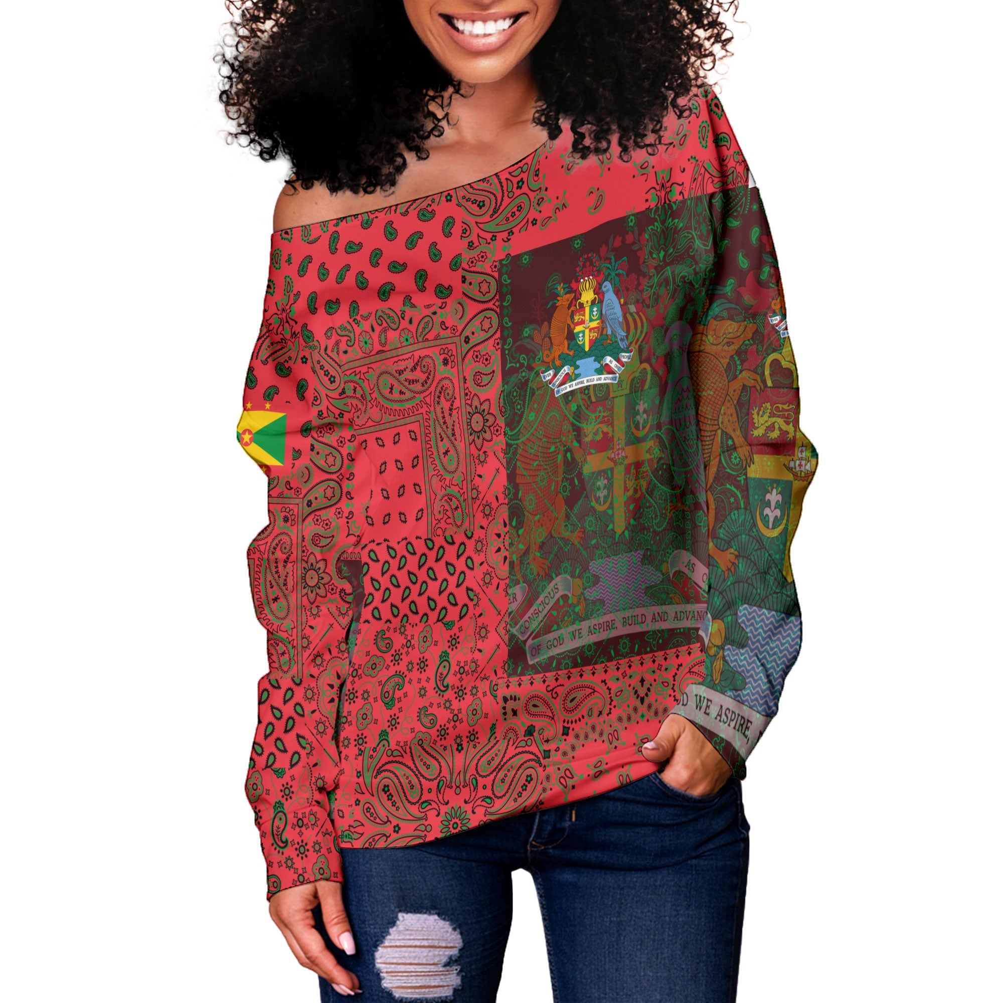 Grenada Women Off Shoulder Sweatshirt Paisley Flag And Skull Style 2