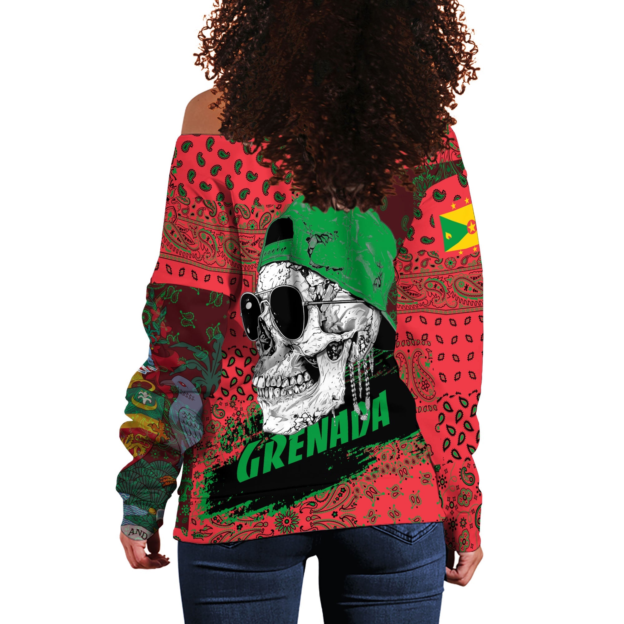 Grenada Women Off Shoulder Sweatshirt Paisley Flag And Skull Style 3