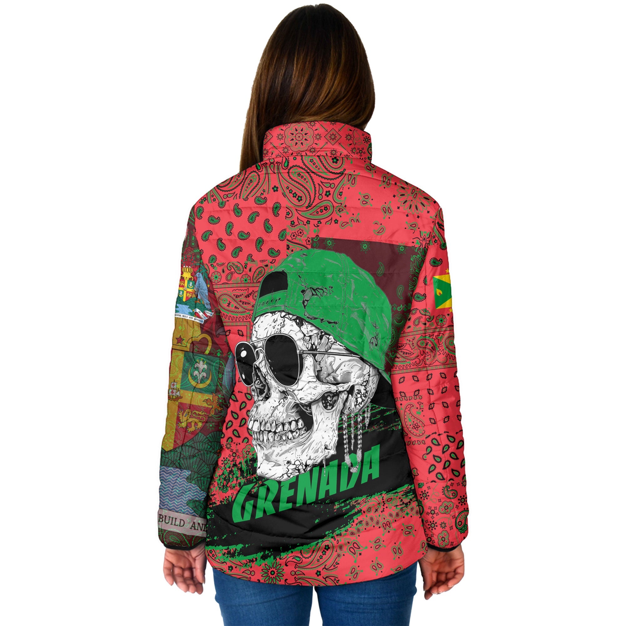 Grenada Women Padded Jacket Paisley Flag And Skull Style 2