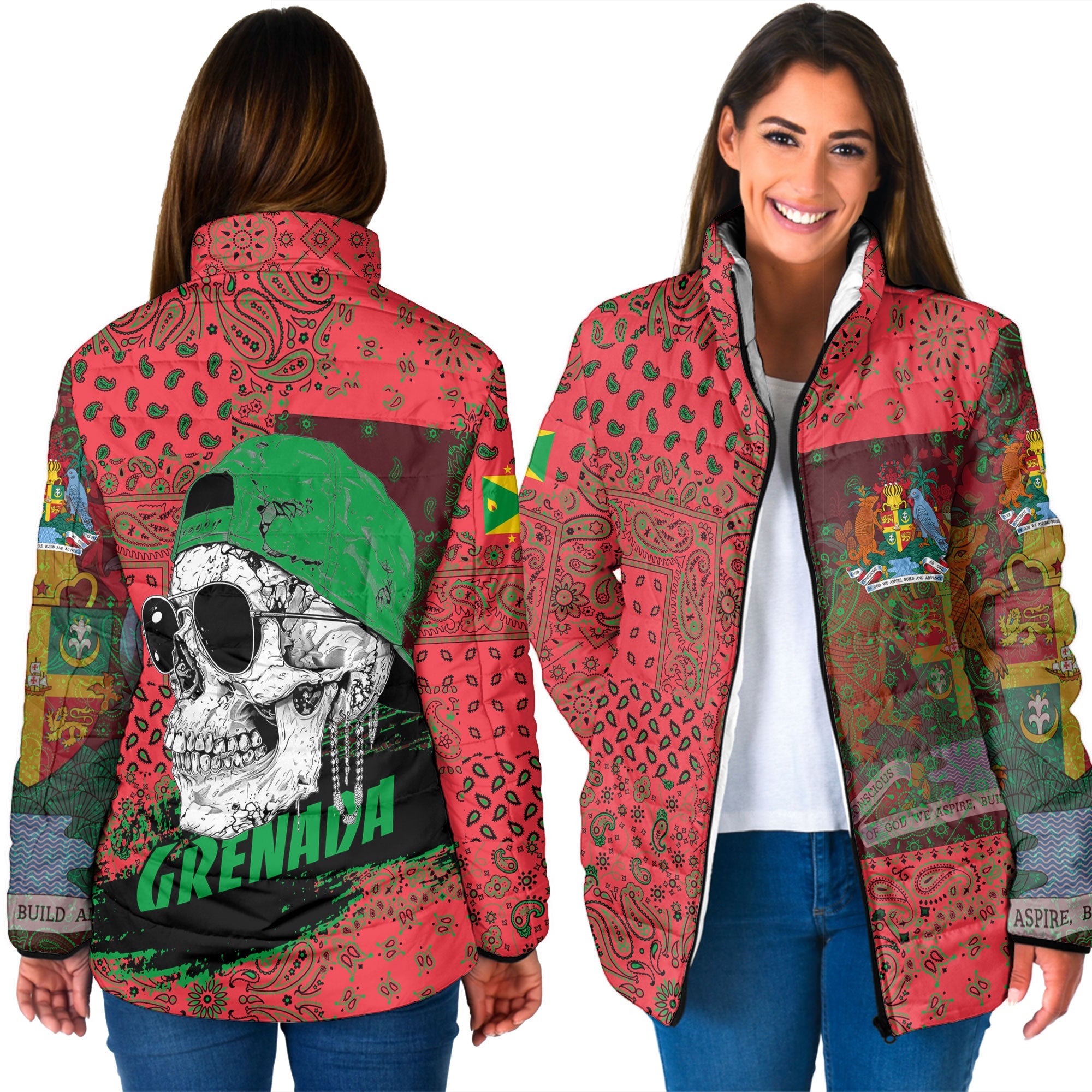 Grenada Women Padded Jacket Paisley Flag And Skull Style 3