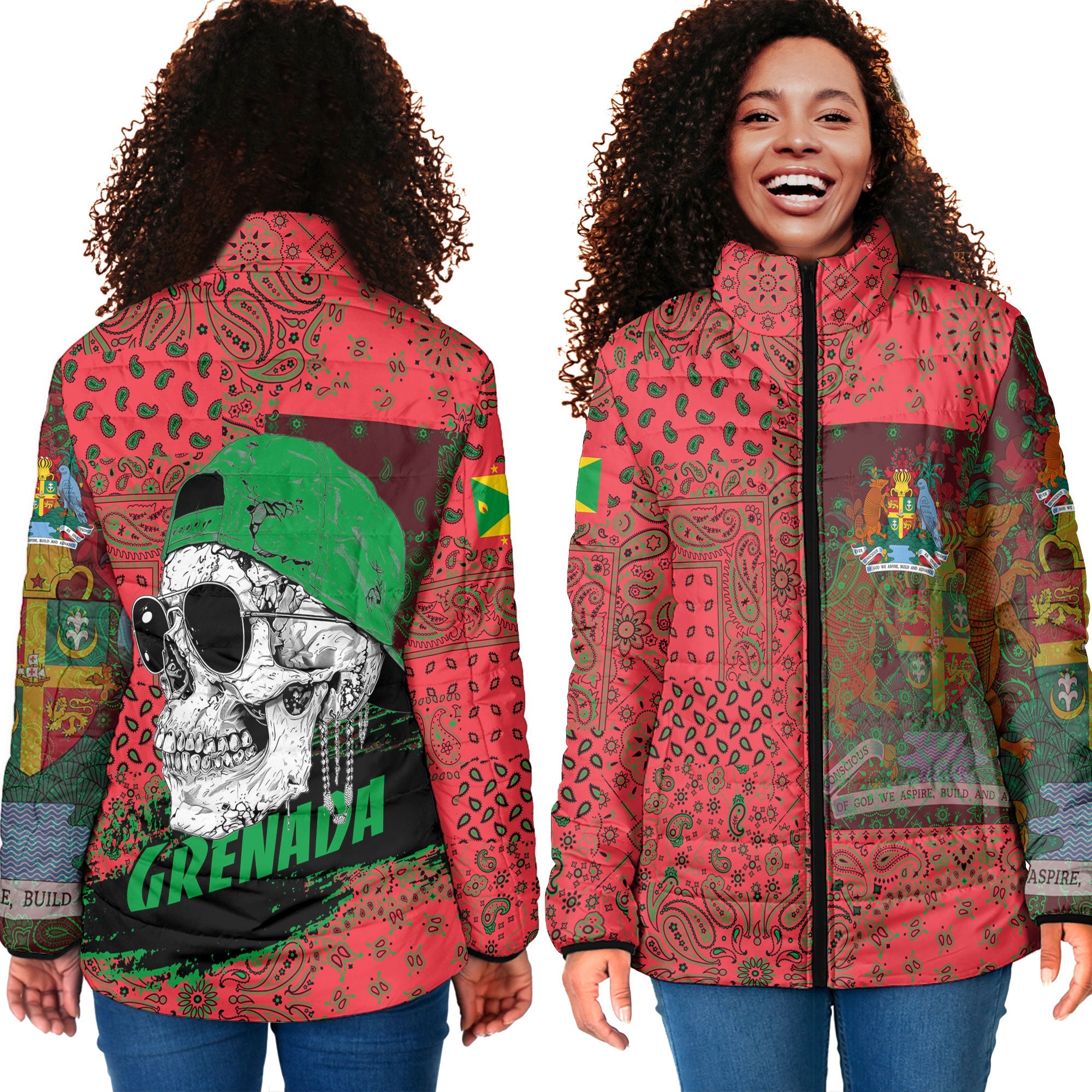 Grenada Women Padded Jacket Paisley Flag And Skull Style 4