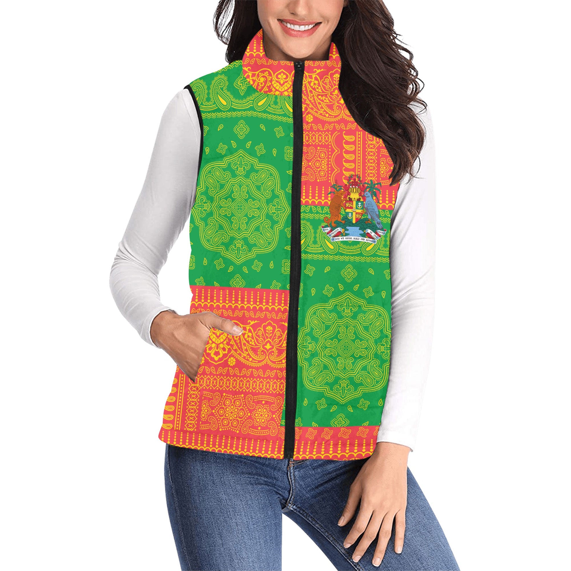 Grenada Women Padded Jacket Vest Flag And Paisley Basic Style 1