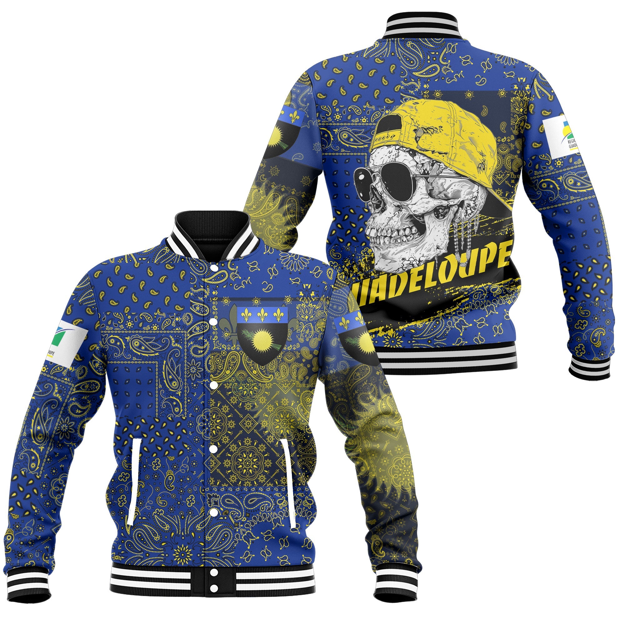 Guadeloupe Baseball Jacket Paisley Flag And Skull Style 1