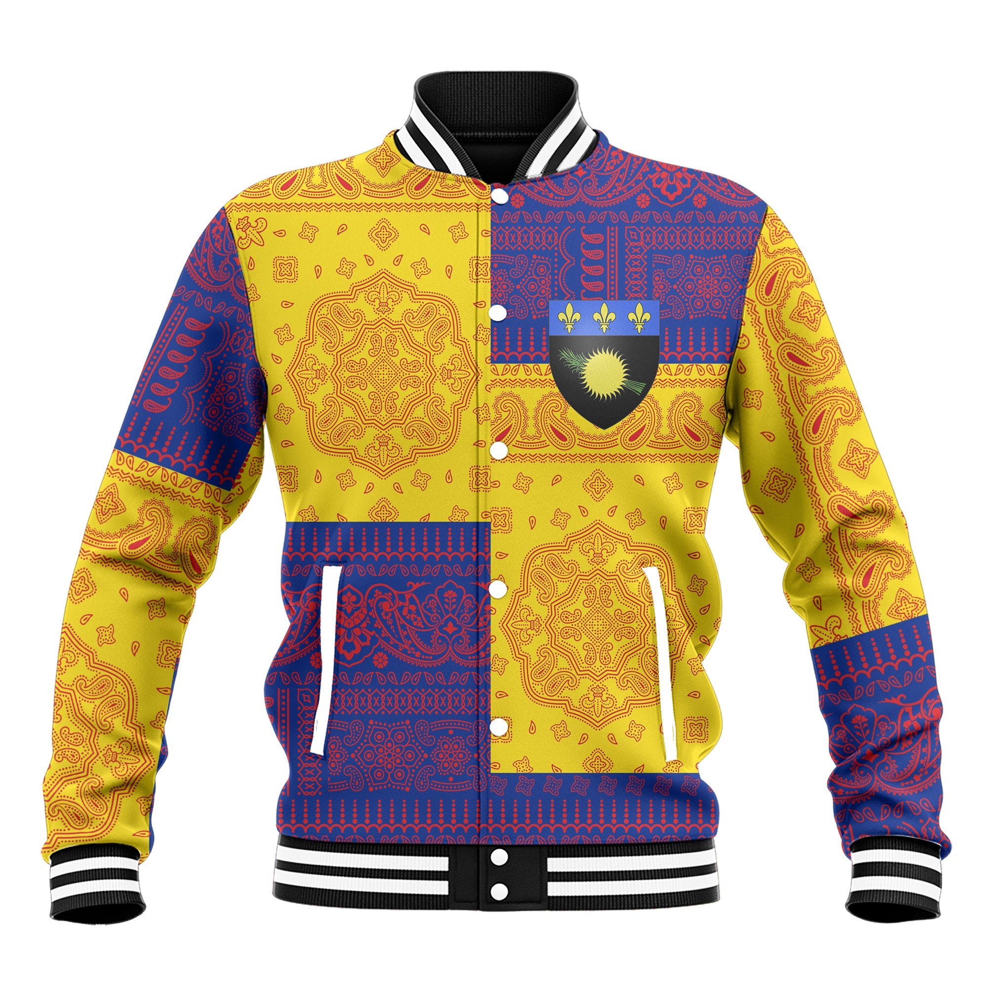 Guadeloupe Baseball Jacket Flag And Paisley Basic Style 2