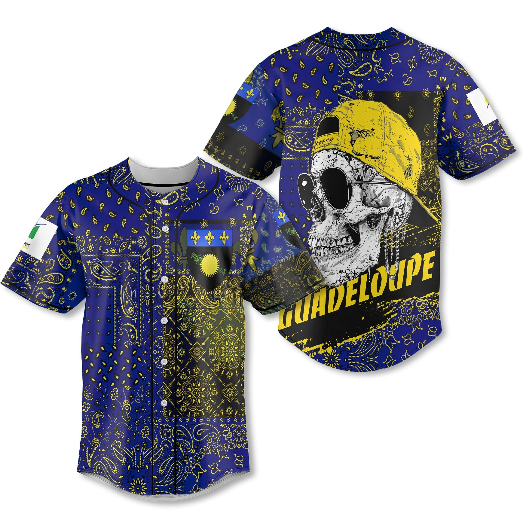 Guadeloupe Baseball Jersey Paisley Flag And Skull Style 1