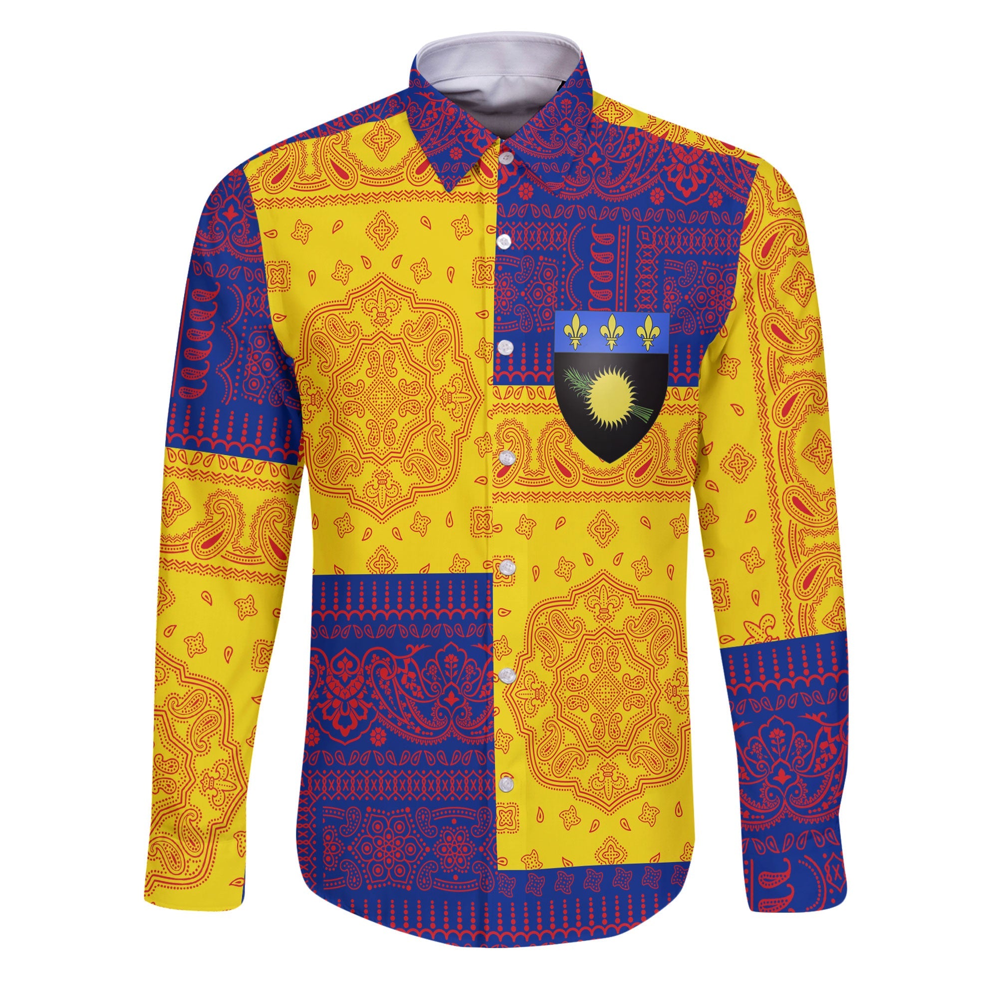 Guadeloupe Long Sleeve Button Shirt Flag And Paisley Basic Style 1