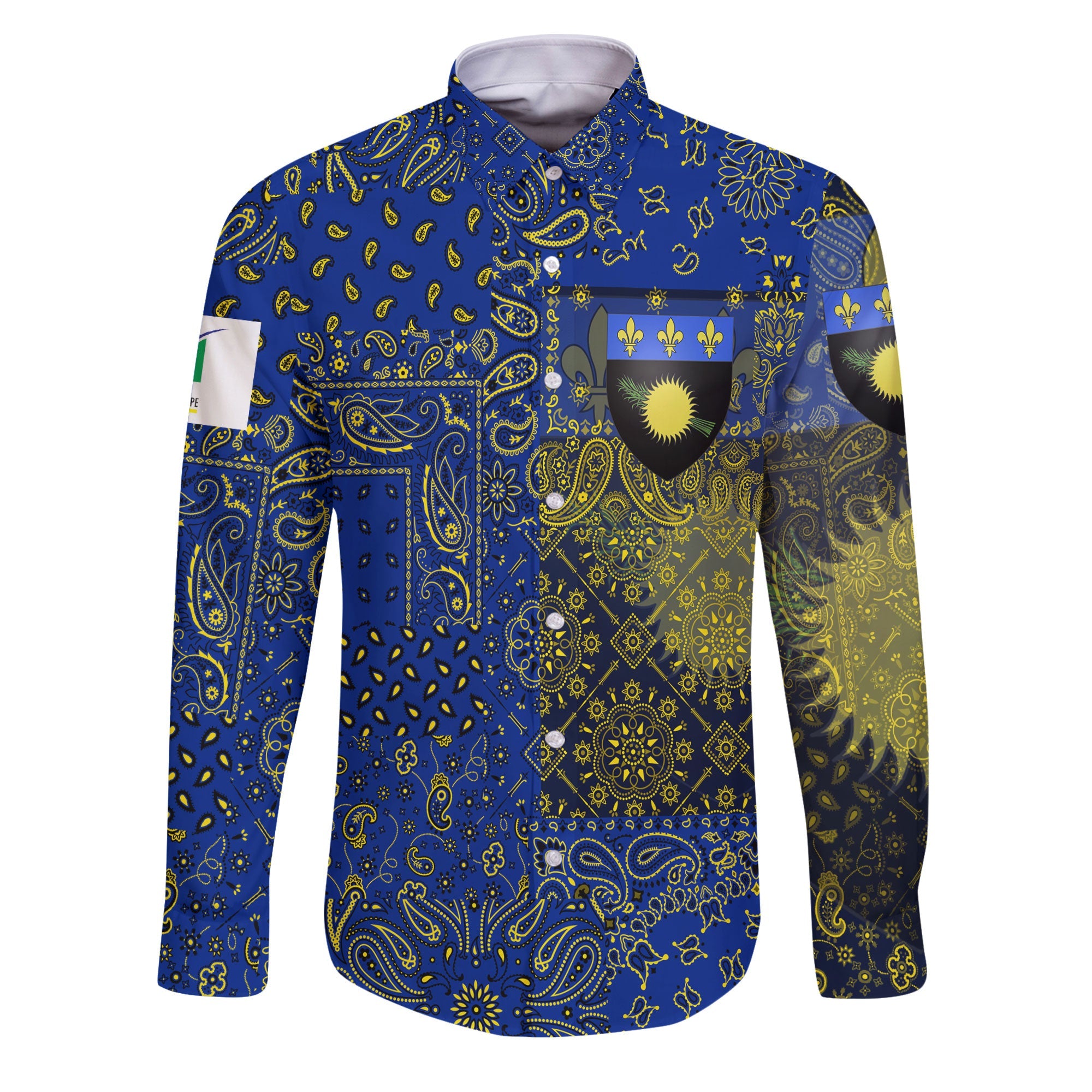 Guadeloupe Long Sleeve Button Shirt Paisley Flag And Skull Style 1