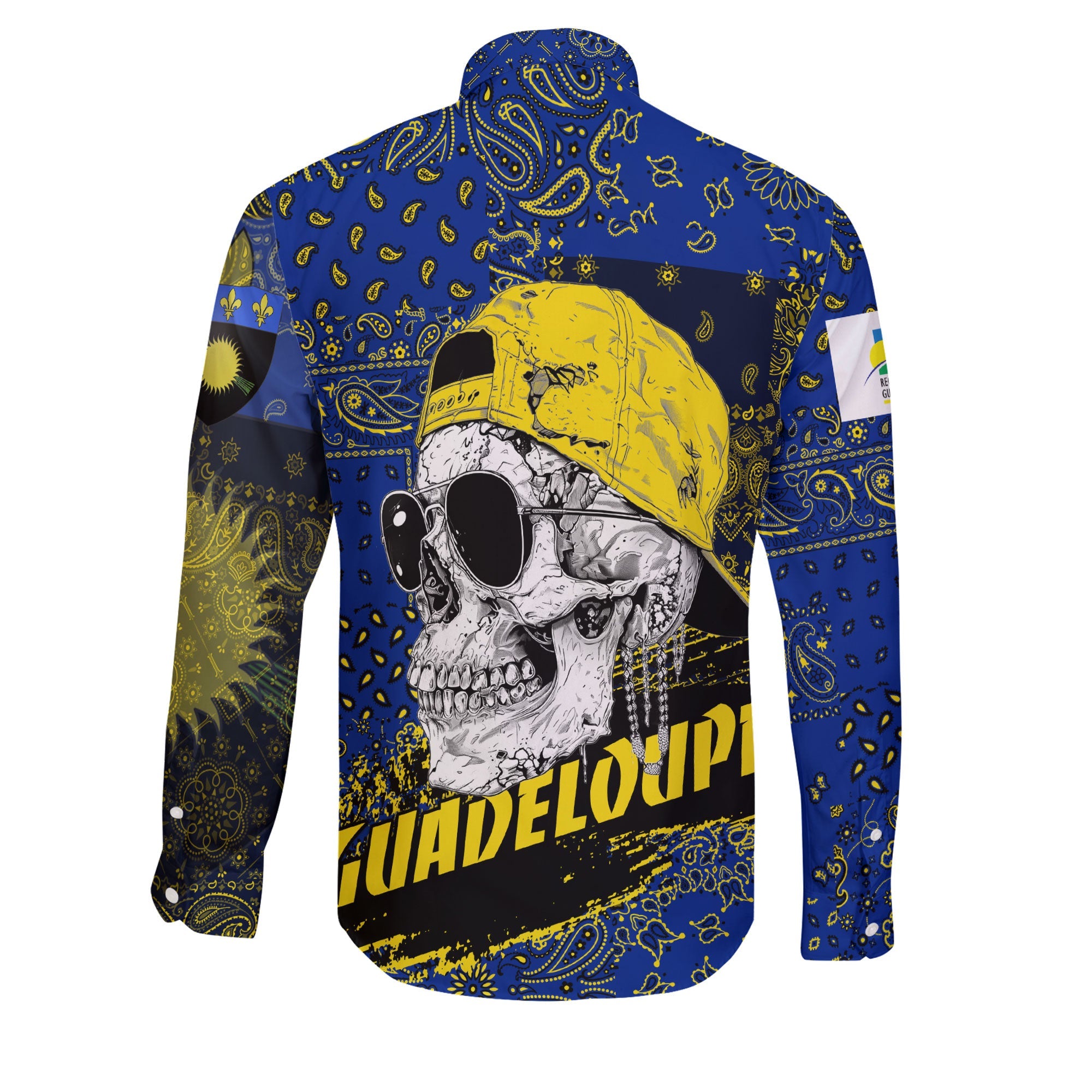 Guadeloupe Long Sleeve Button Shirt Paisley Flag And Skull Style 2