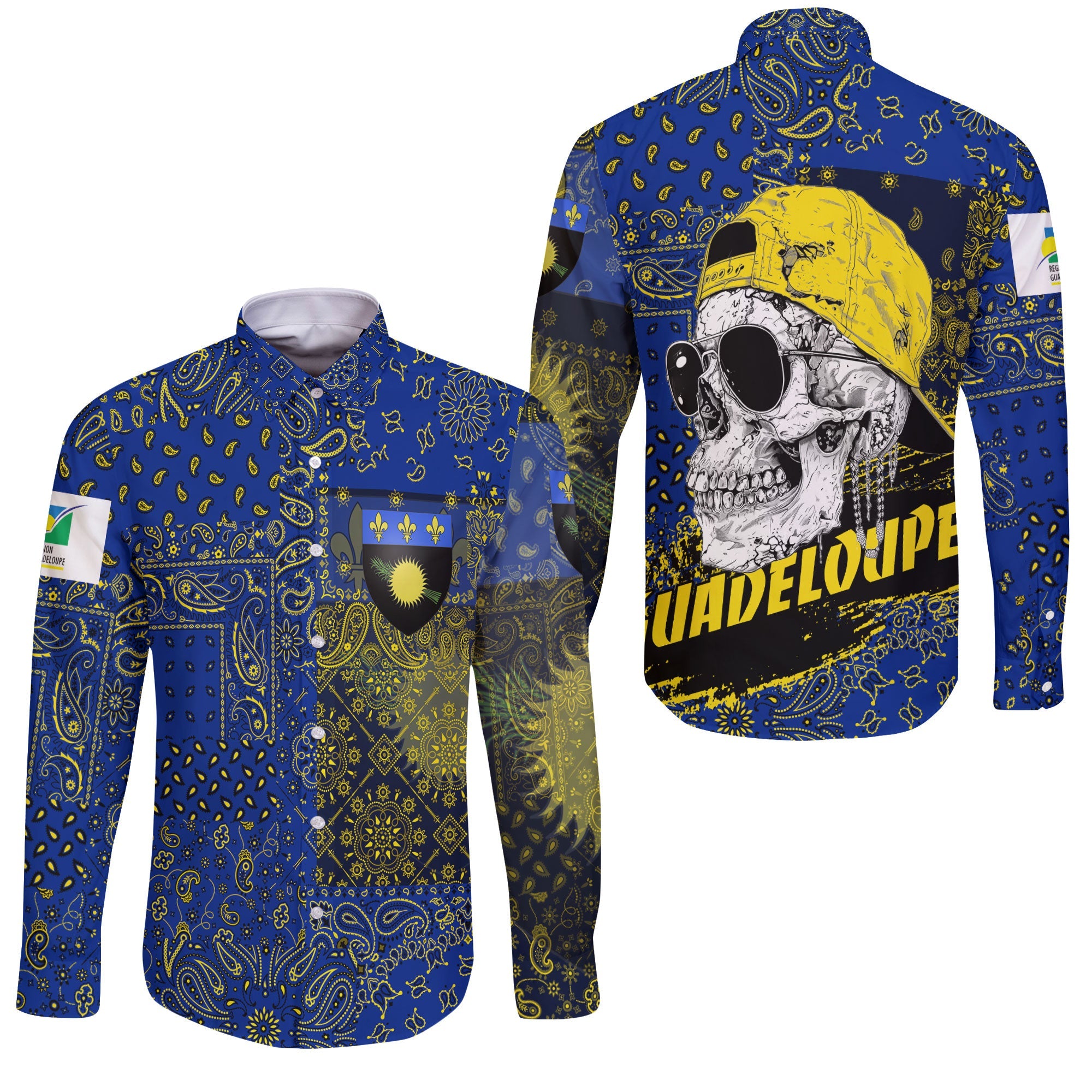 Guadeloupe Long Sleeve Button Shirt Paisley Flag And Skull Style 3