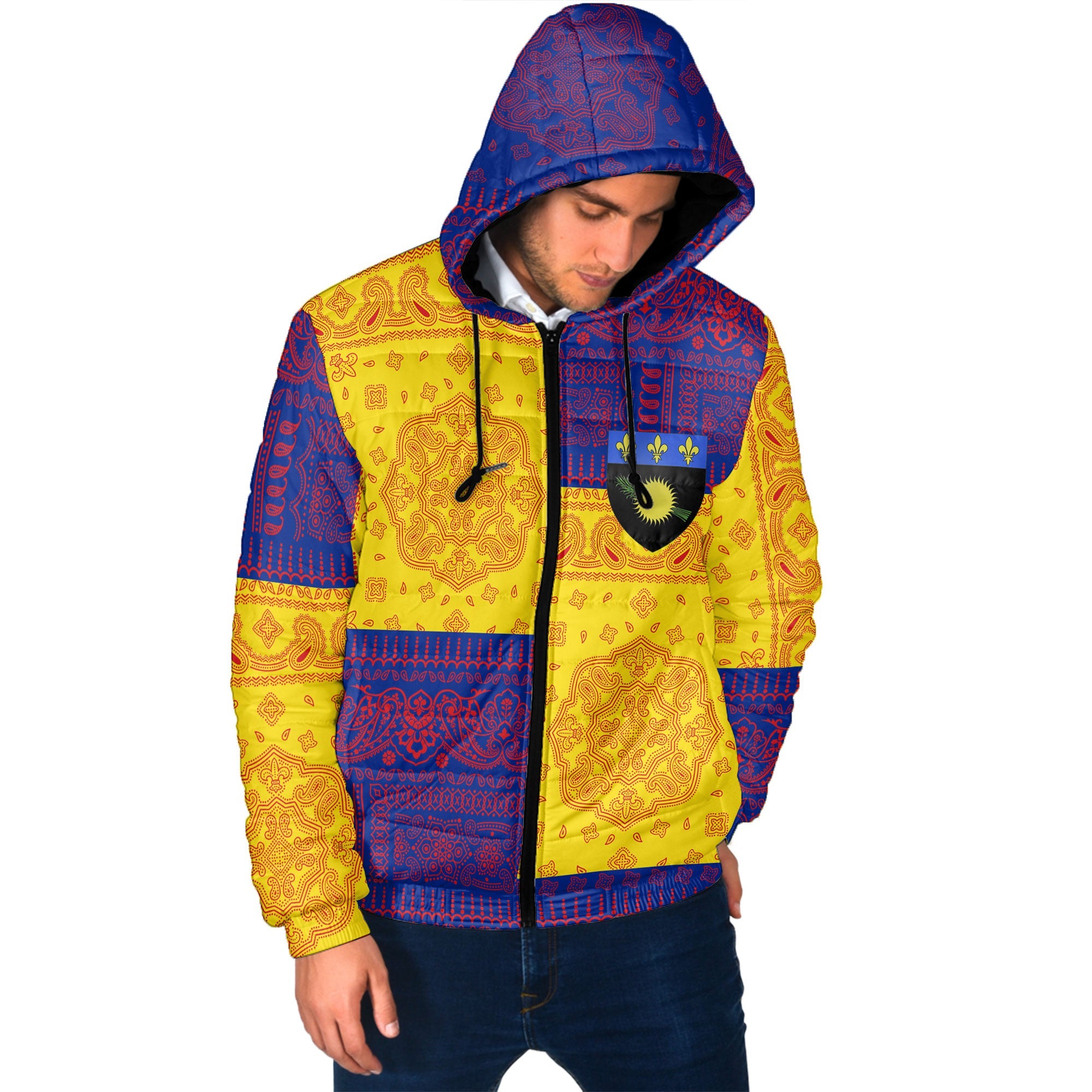 Guadeloupe Men Hooded Padded Jacket Flag And Paisley Basic Style 2