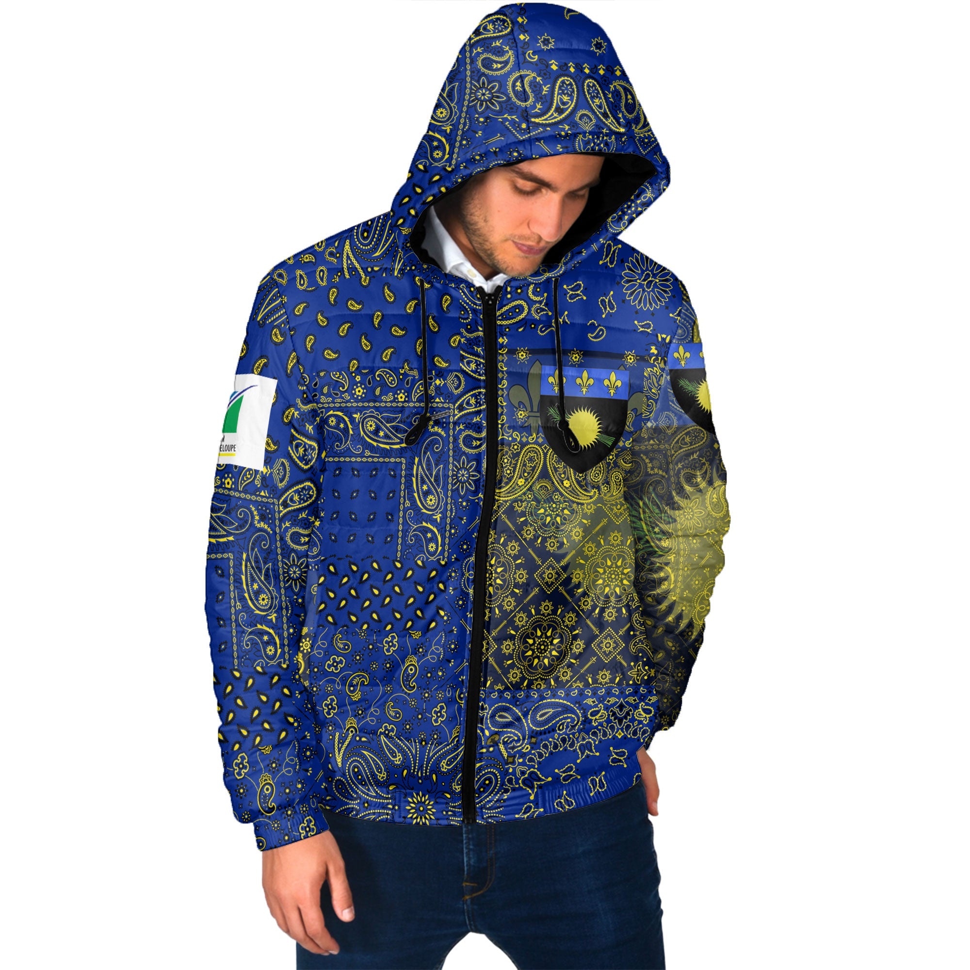 Guadeloupe Men Hooded Padded Jacket Paisley Flag And Skull Style 2