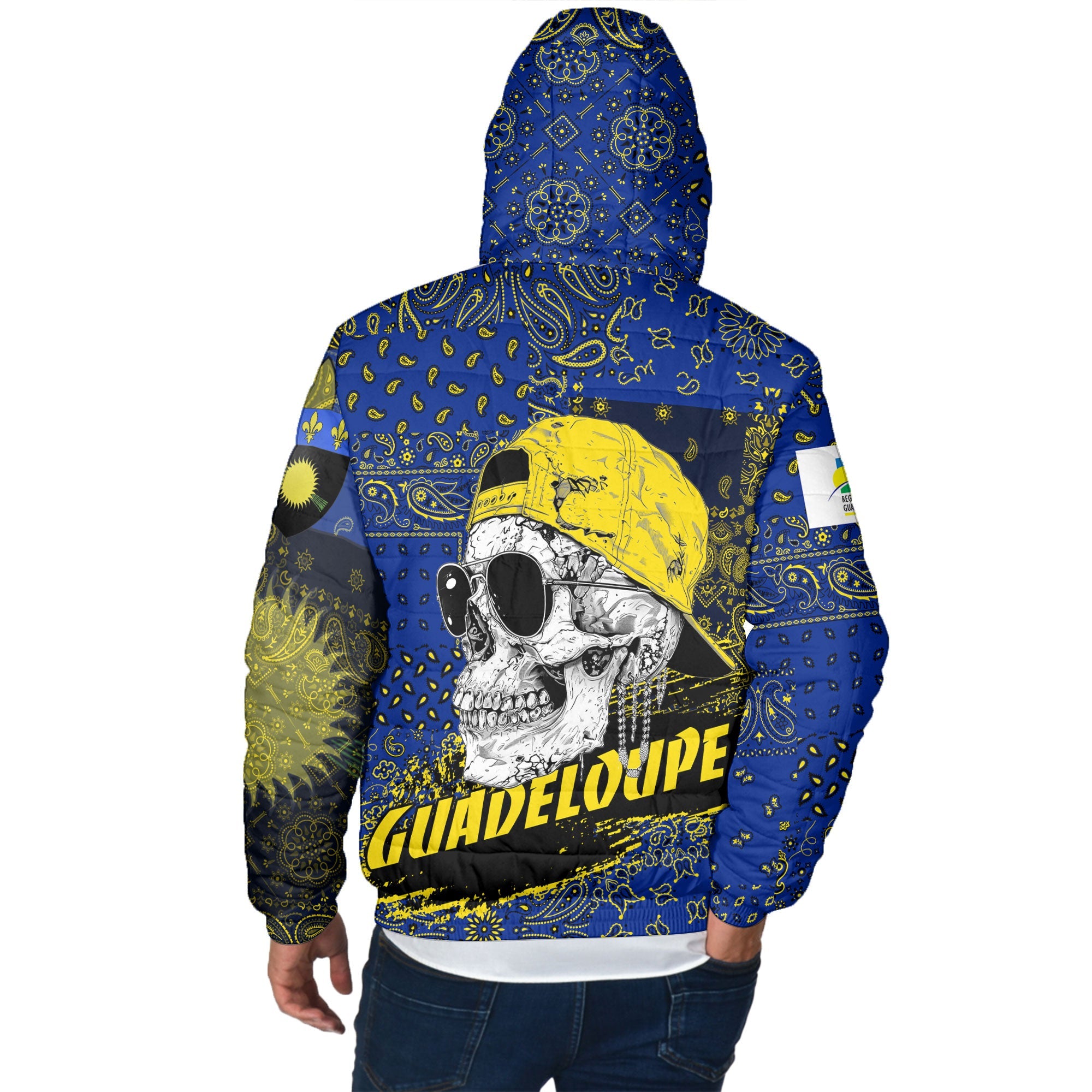 Guadeloupe Men Hooded Padded Jacket Paisley Flag And Skull Style 3